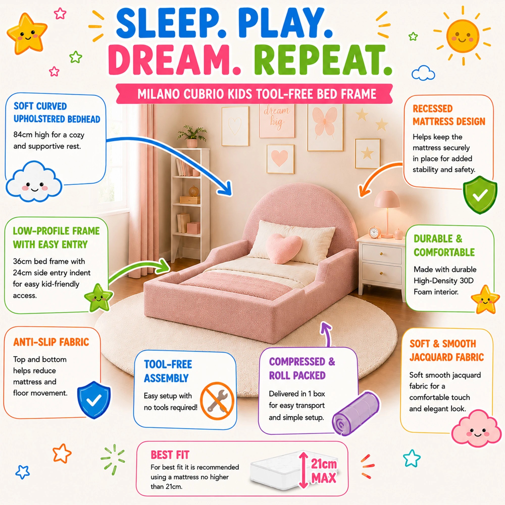 3 Milano Cubrio Kids Tool Free Bed Frame - King Single - Pink, 3 of 6