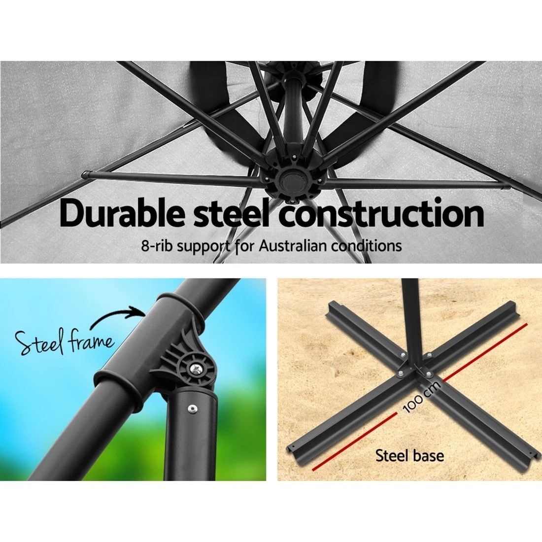 3 Instahut 3m Outdoor Umbrella w/Base Cantilever Beach Garden Patio - Grey, 3 of 6