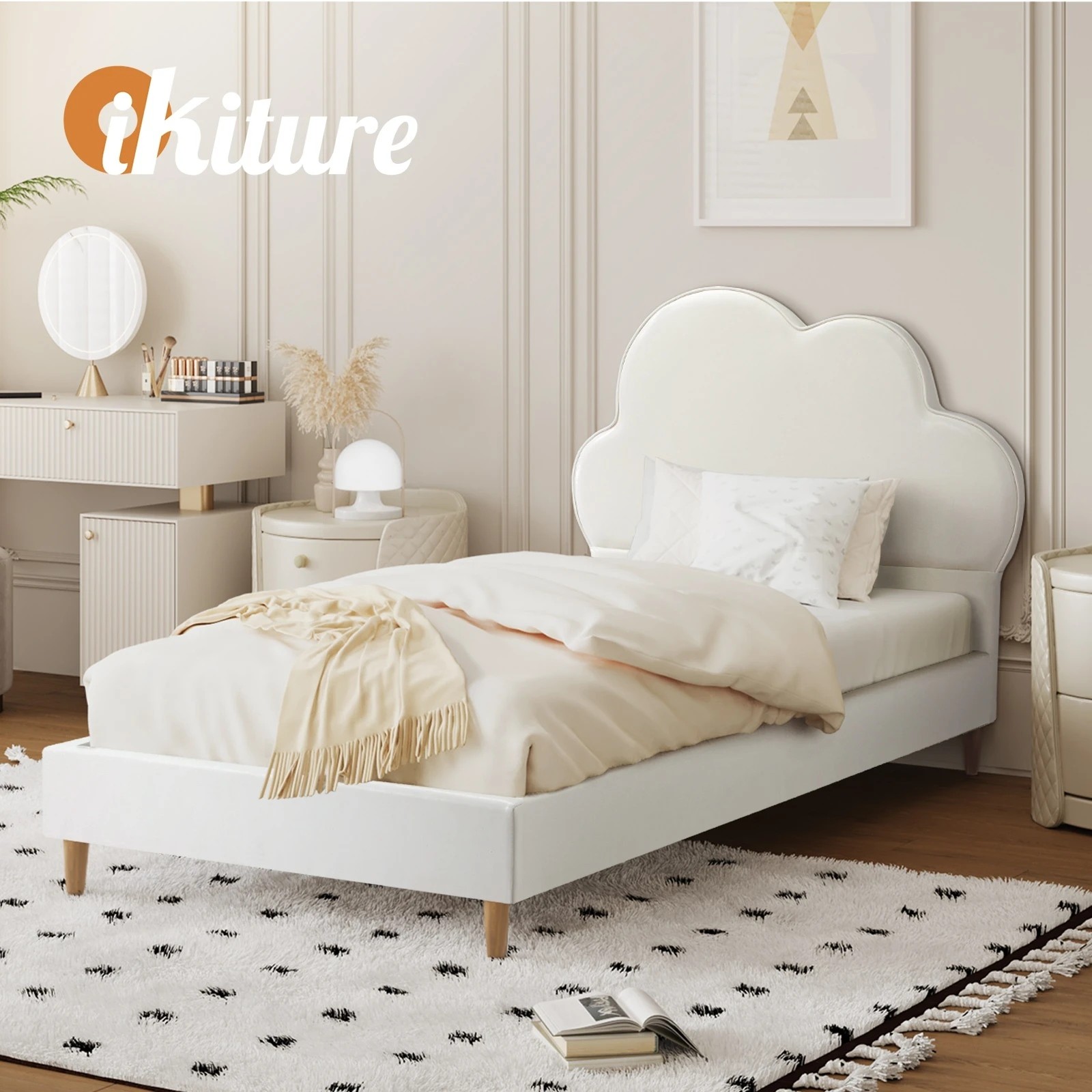 5 Oikiture Bed Frame Single Size Cloud Kids Bed Frame PU Leather - White, 5 of 9