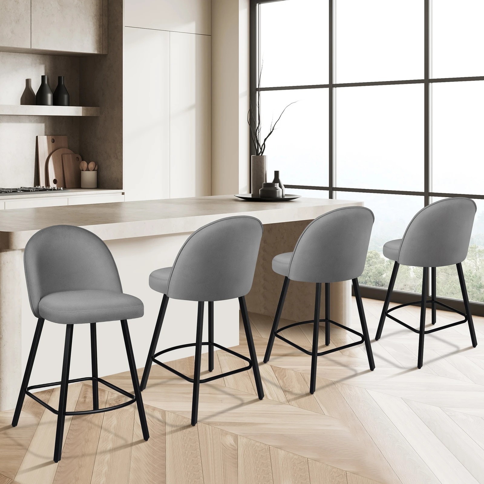 9 Alfordson 4x Bar Stools Velvet Chair - Grey, 9 of 9