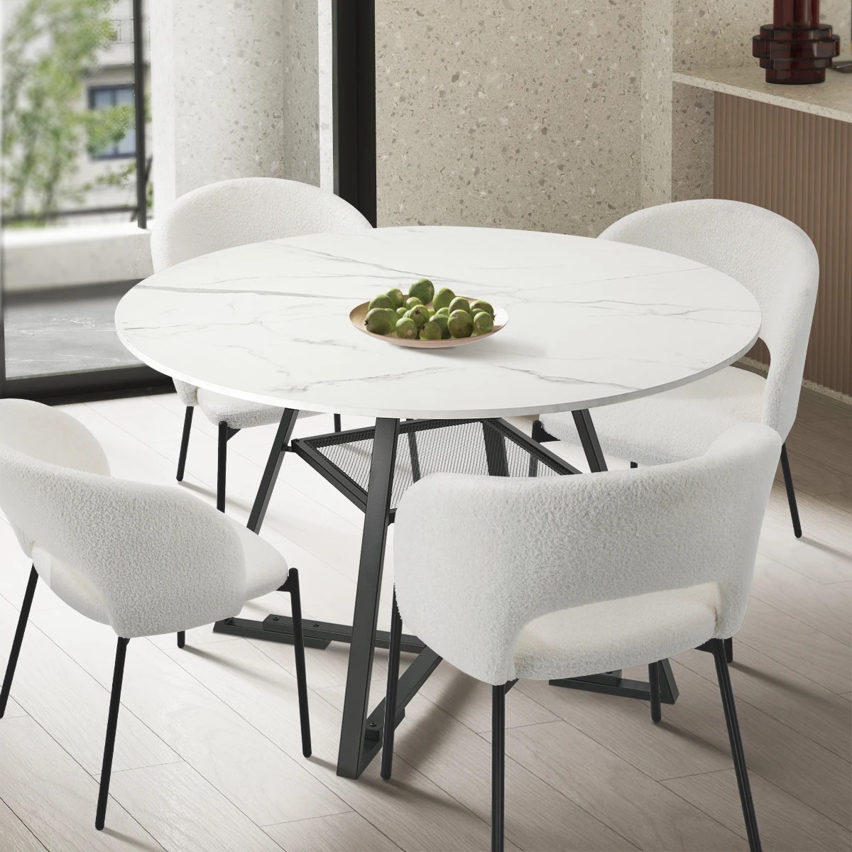 3 Oikiture 112cm Round Dining Table Marble-like Wooden Kitchen Furniture Black& - White, 3 of 9