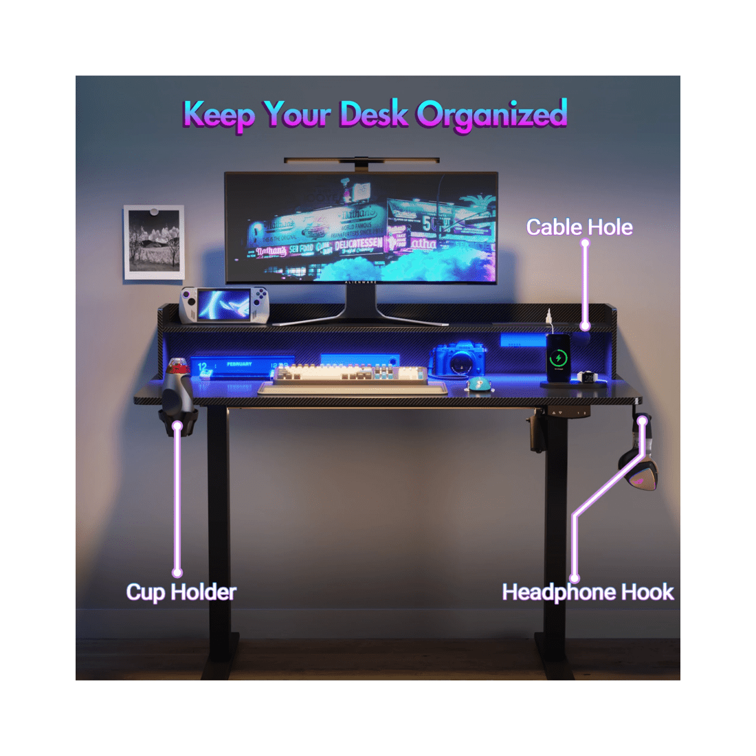 8 Advwin Led Rgb Light Electric Standing Desk With Power Outlets & Monitor Stand 120cm
 - Black, 8 of 9