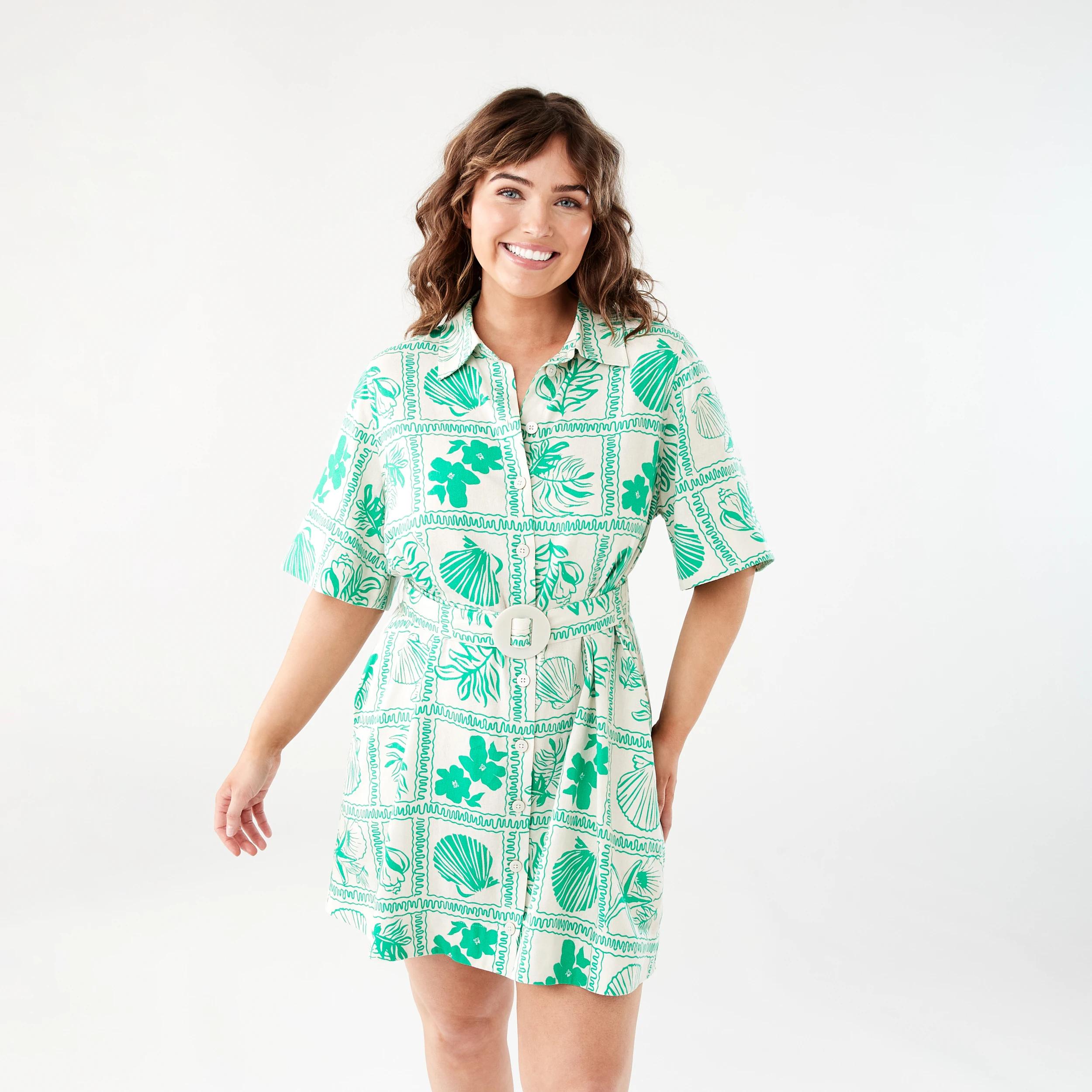 1 Short Sleeve Belted Mini Shirt Dress SHELL GEO SIMPLY GREEN, 1 of 8