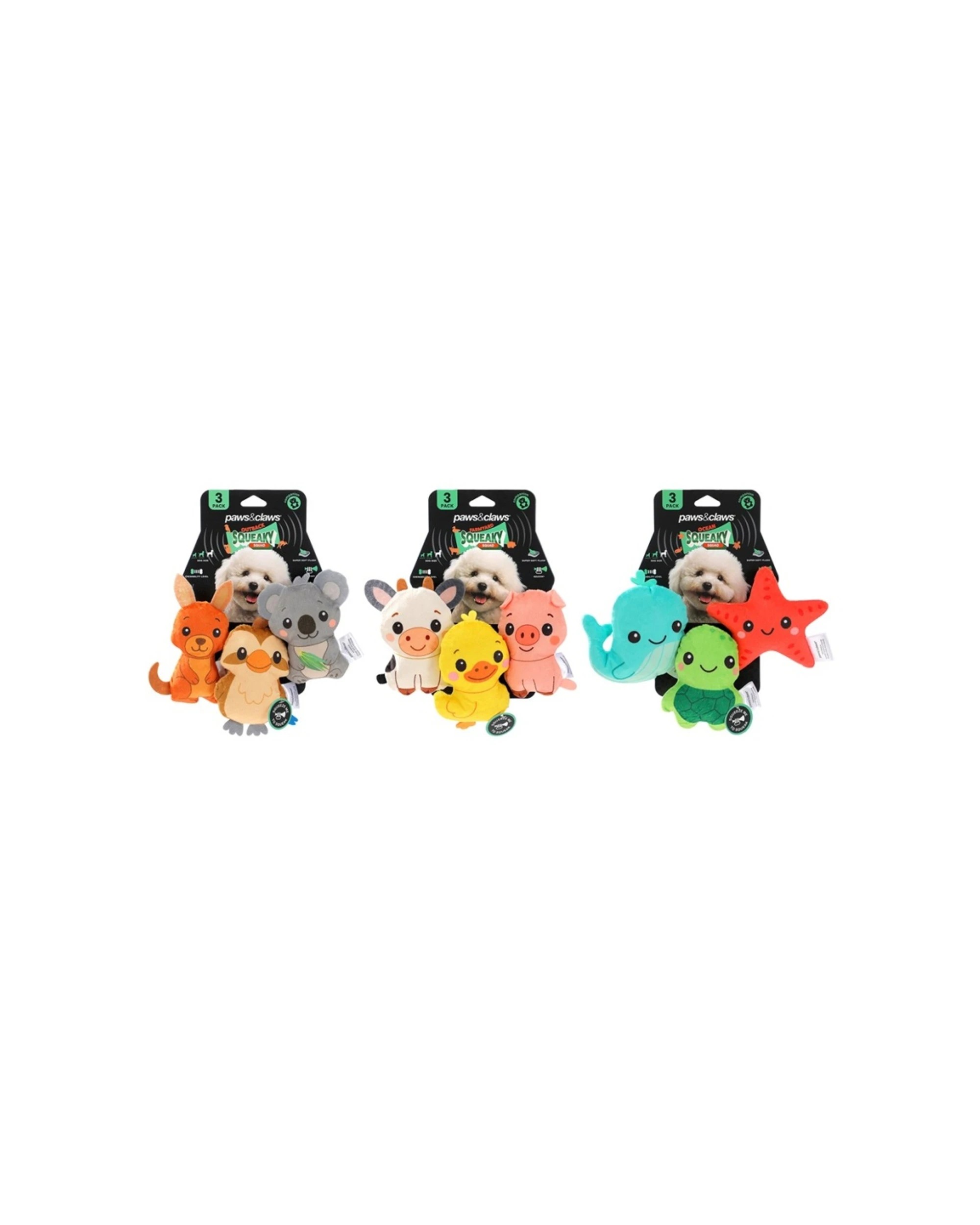 3 Paws & Claws 6x 3pc Squeaky Squad Mini Plush Pet Dog Toys - Assorted, 3 of 6