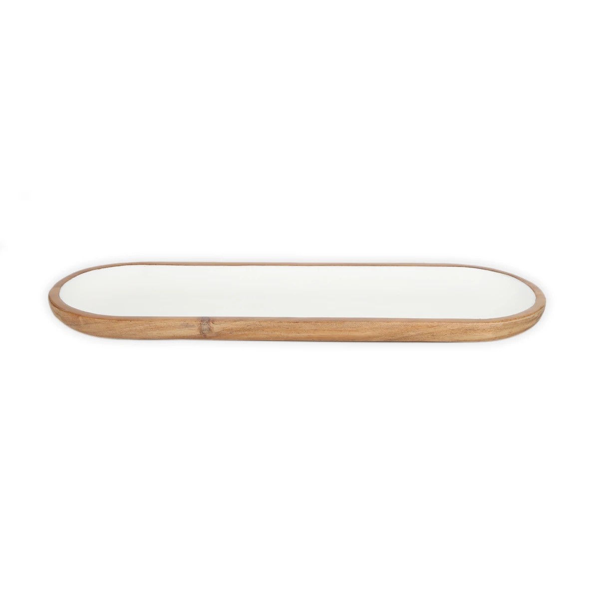 2 White Enamel and Acacia Wood Oval Platter, 2 of 6