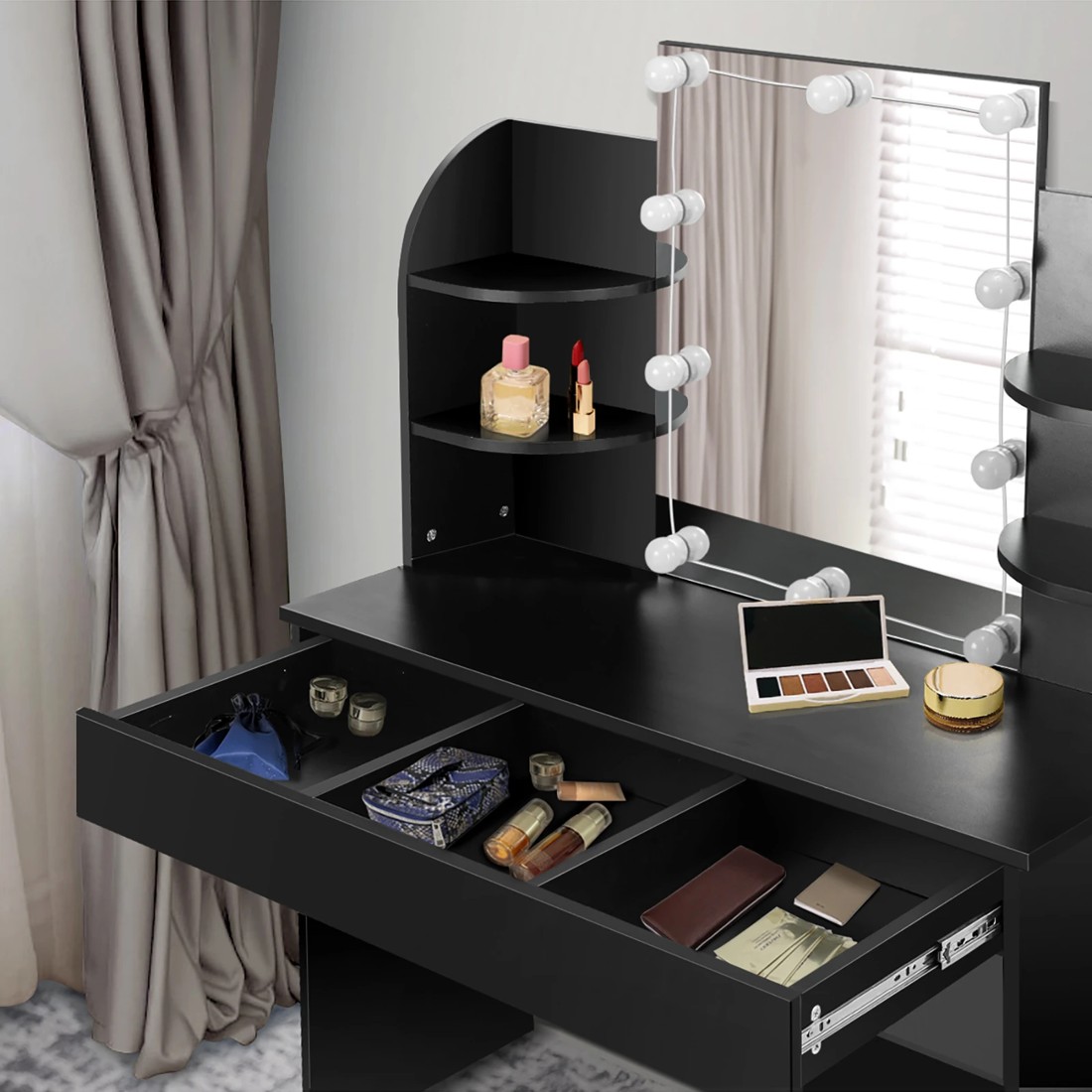 5 Oikiture Dressing Table Stool Set Makeup Mirror Storage Drawer 10led Bulbs
 - Black, 5 of 9