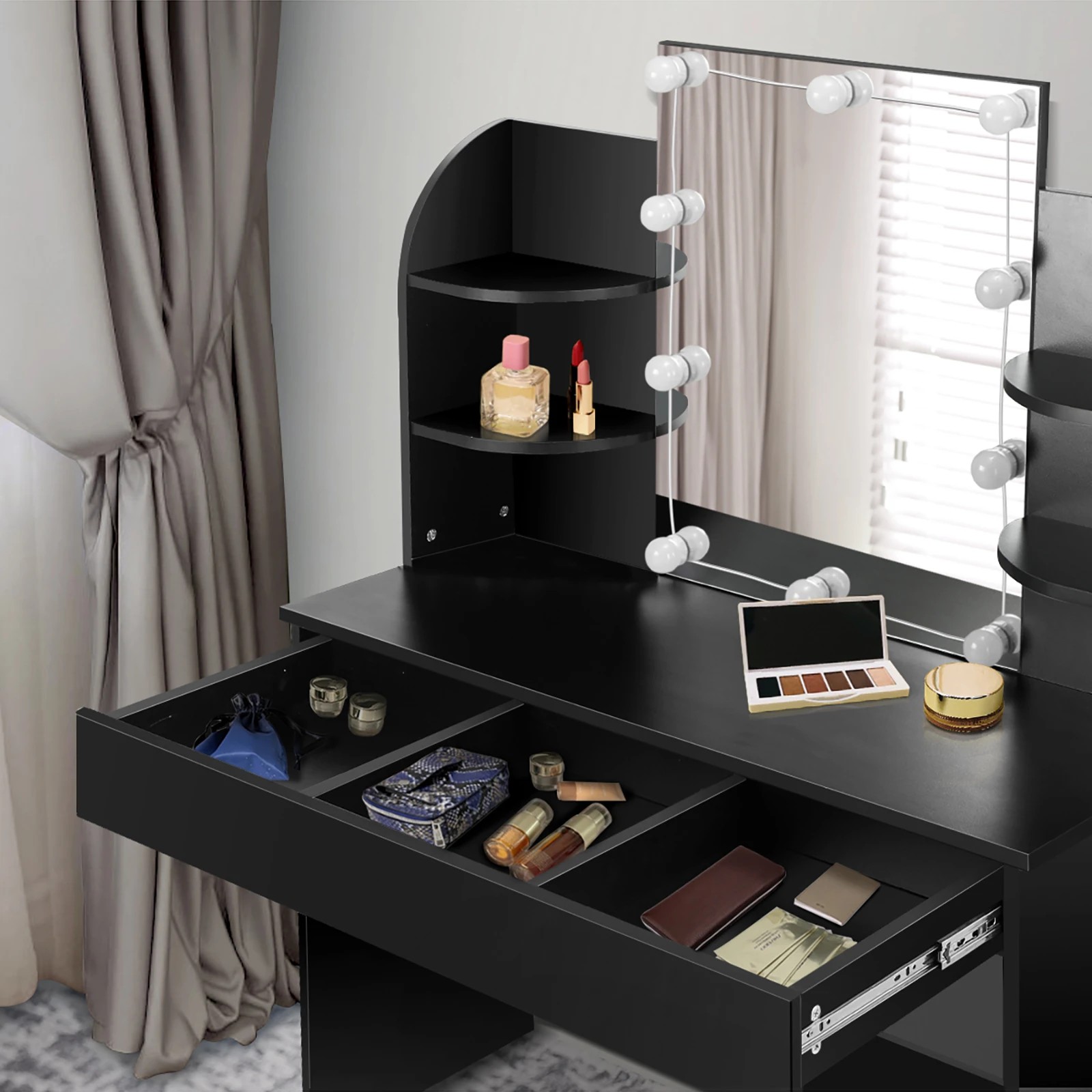 5 Oikiture Dressing Table Stool Set Makeup Mirror Storage Drawer 10led Bulbs
 - Black, 5 of 9