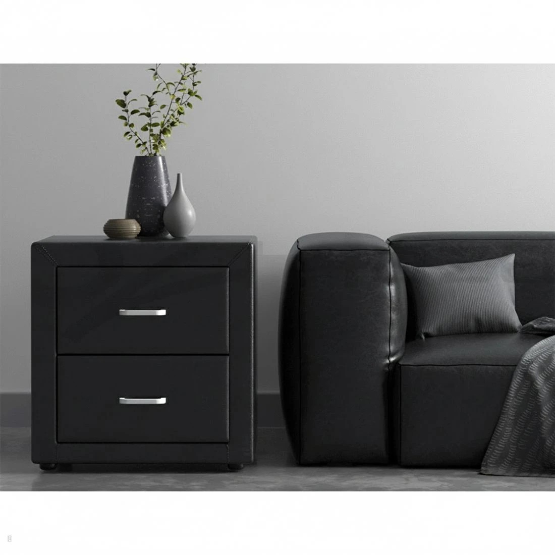 8 Artiss 2X Bedside Table 2 Drawers Side Table Leather - CADEN - Black, 8 of 8