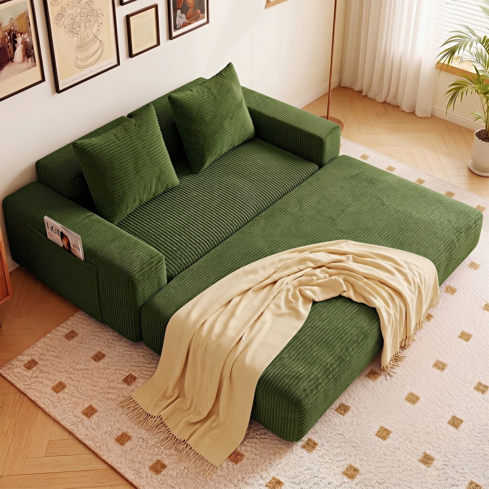 3 Advwin Folding Sofa Bed 2 in 1 Convertible Floor Loveseat Fold Out Corduroy Sleeper Couch - Green, 3 of 7