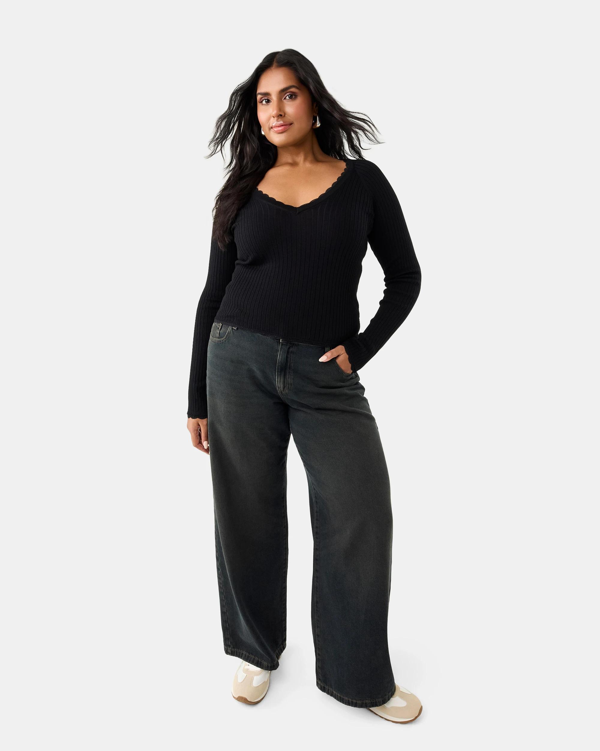 4 Long Sleeve True Knit Lace Detail Top Black, 4 of 9