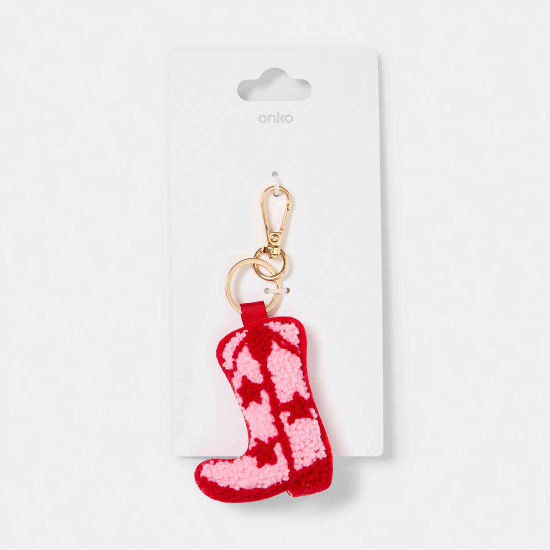 3 Fluffy Boot Charm Keyring - Gold Tone, Red and Pink, 3 of 3