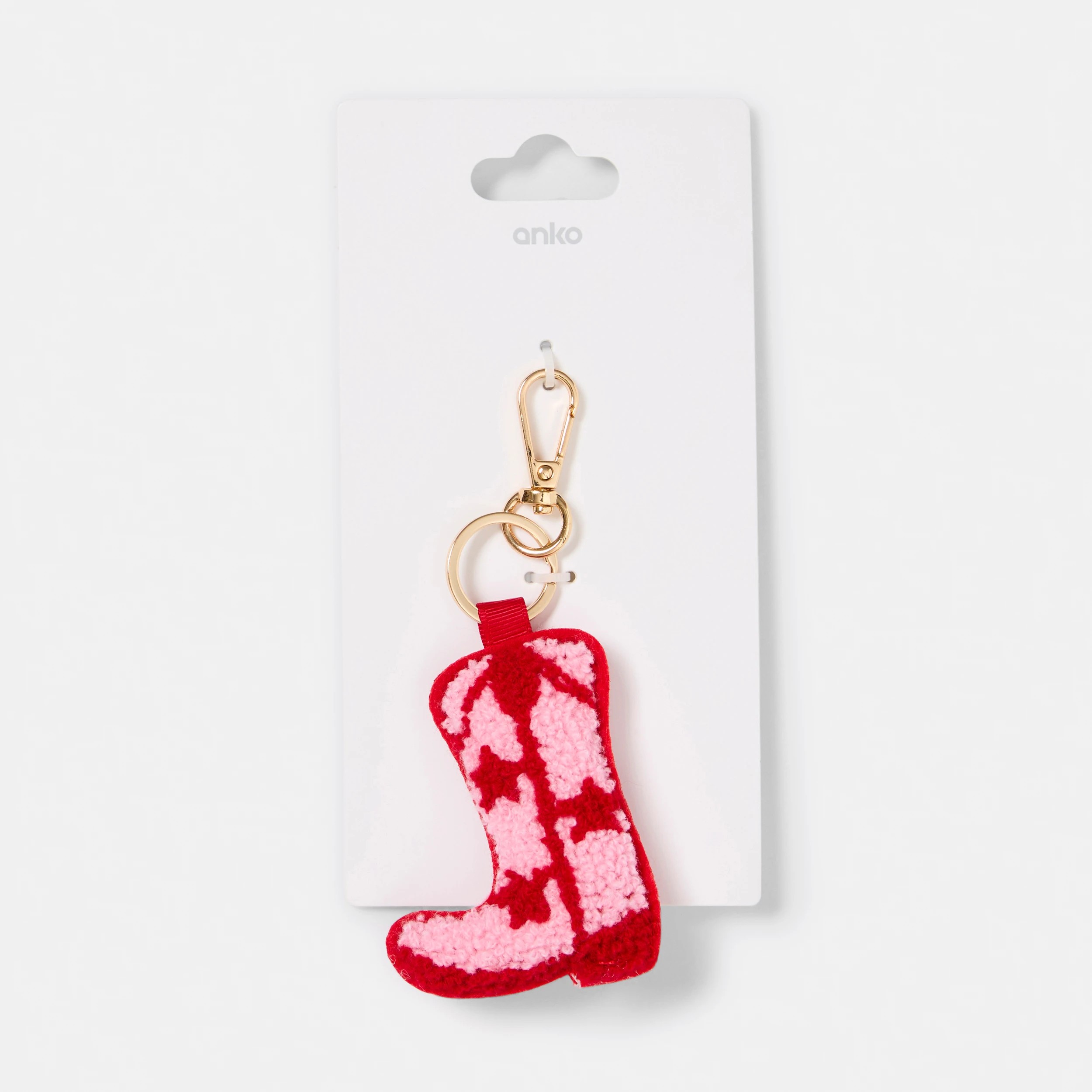 4 Fluffy Boot Charm Keyring - Gold Tone, Red and Pink, 4 of 4