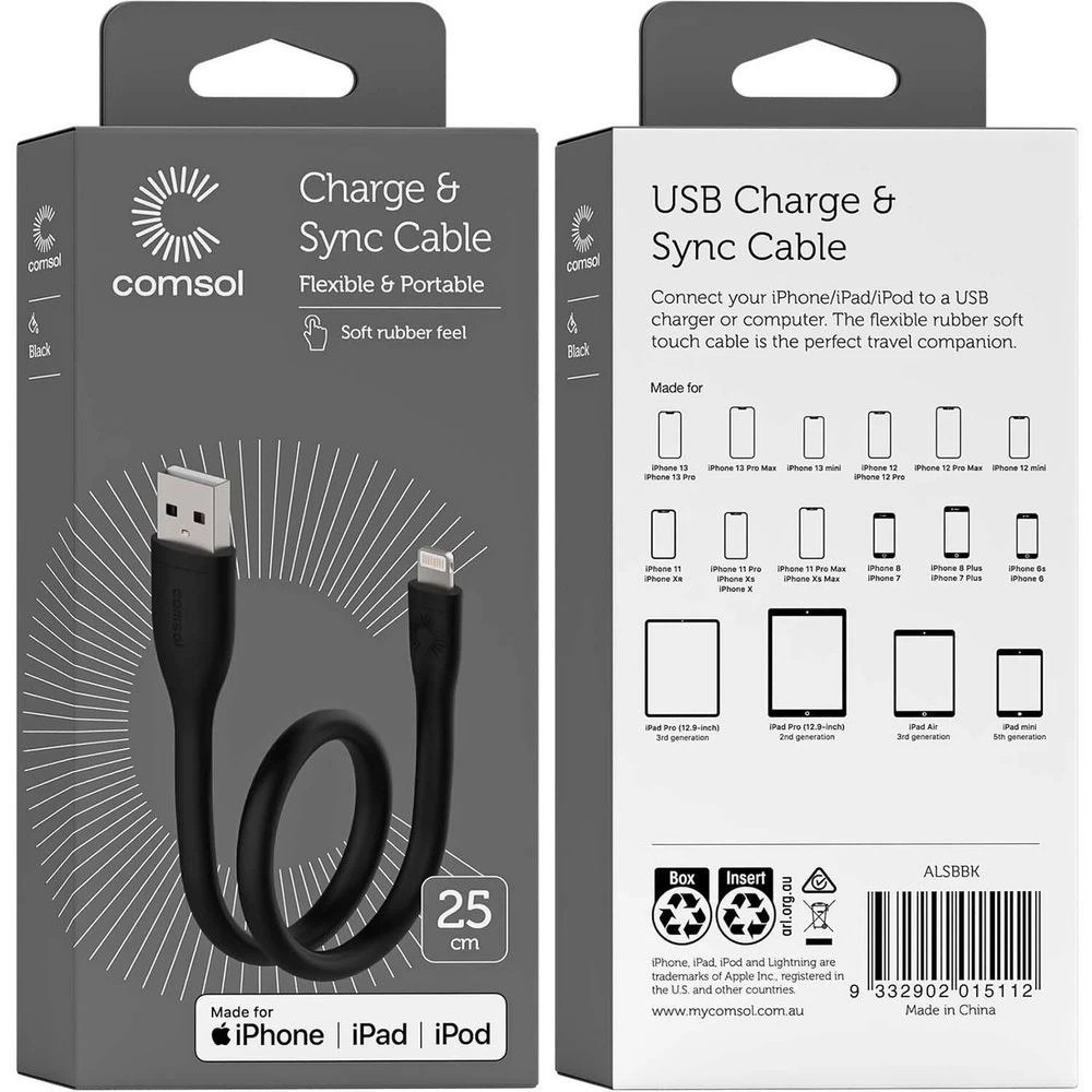 6 Comsol Lightning to USB Cable Silicone 25cm Black, 6 of 6