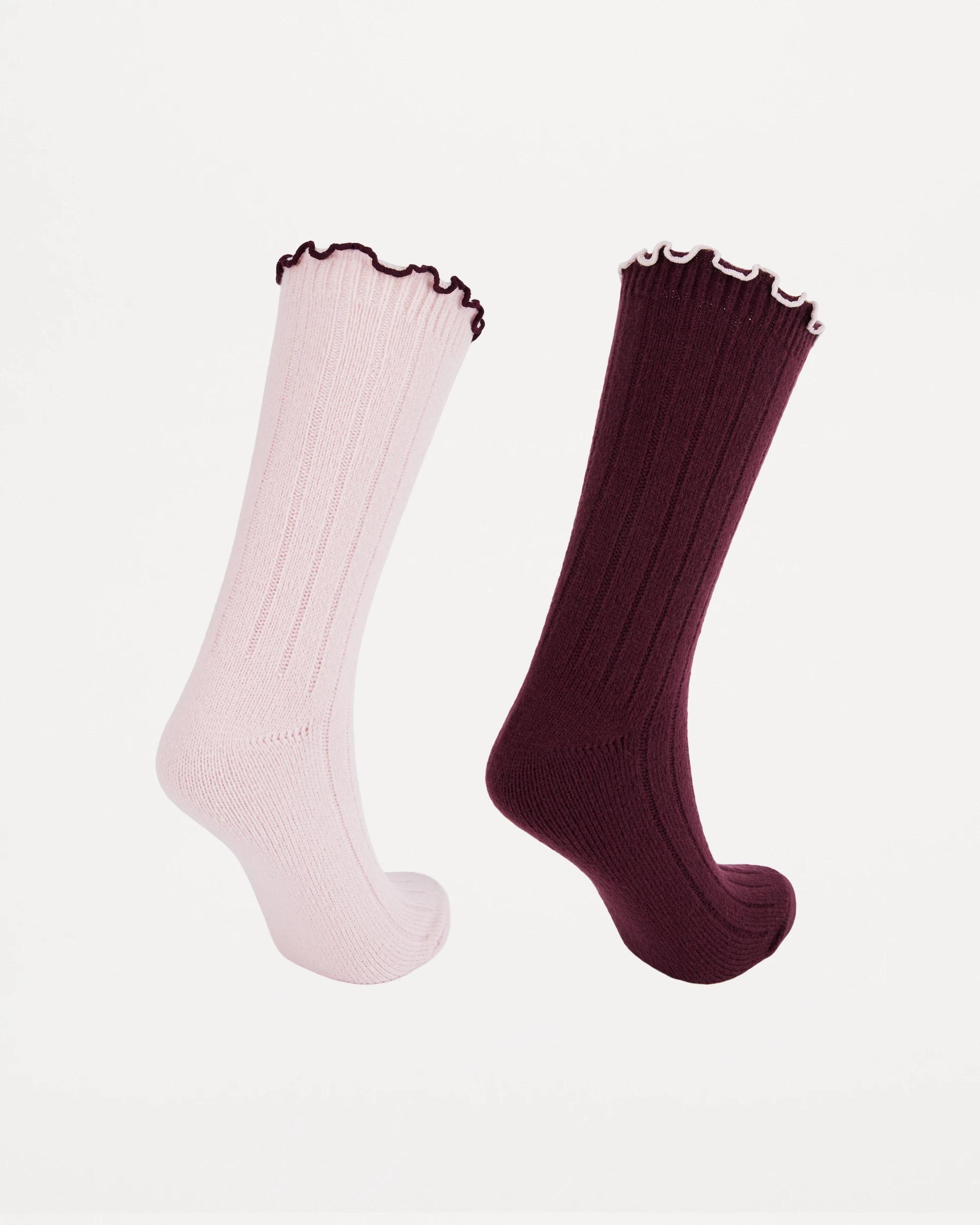 2 2 Pack Rib Frill Home Socks Pink Burg, 2 of 3