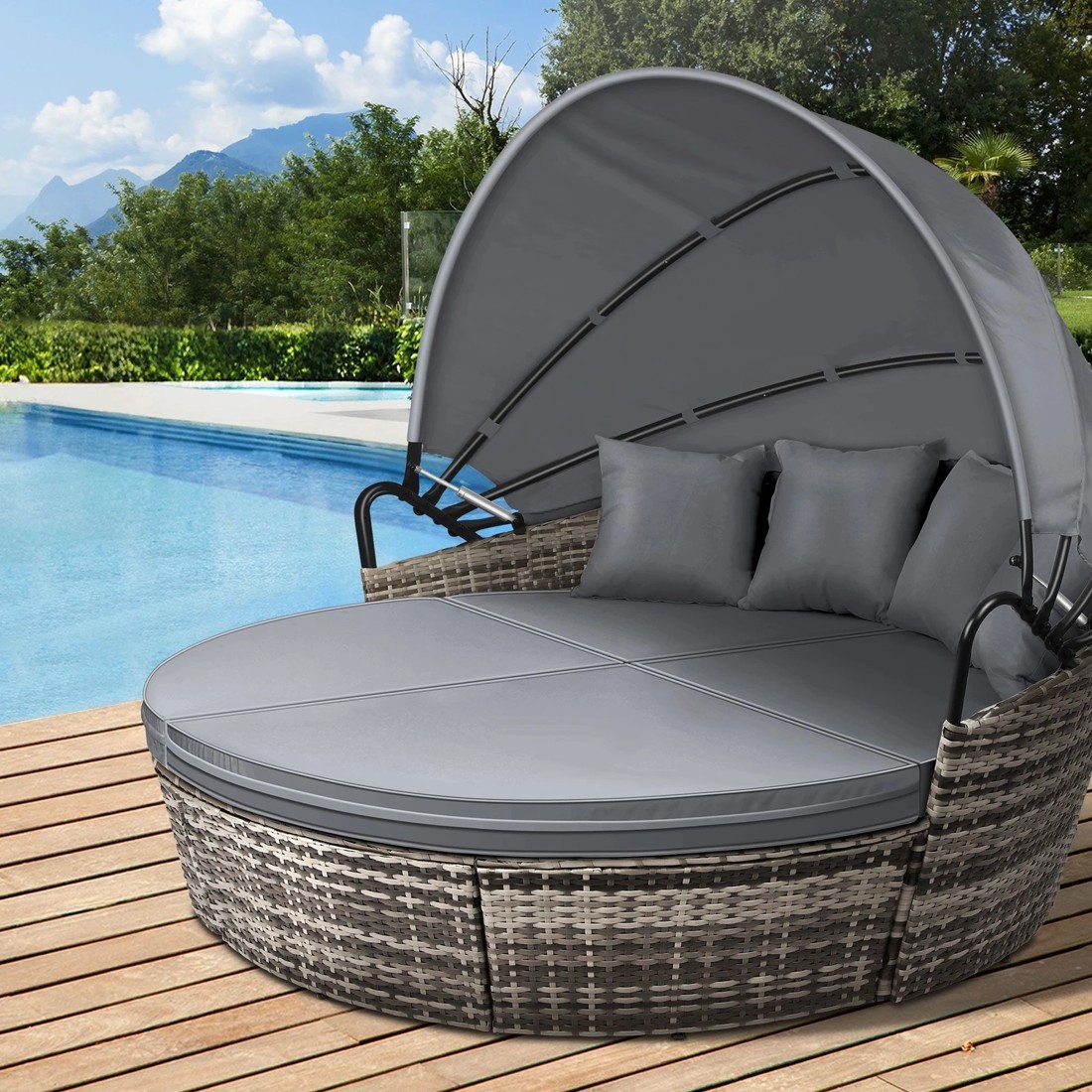 2 Alfordson Outdoor Sun Lounge Day Bed Wicker Furniture Sofa Bed Garden 3PCS - Grey, 2 of 10