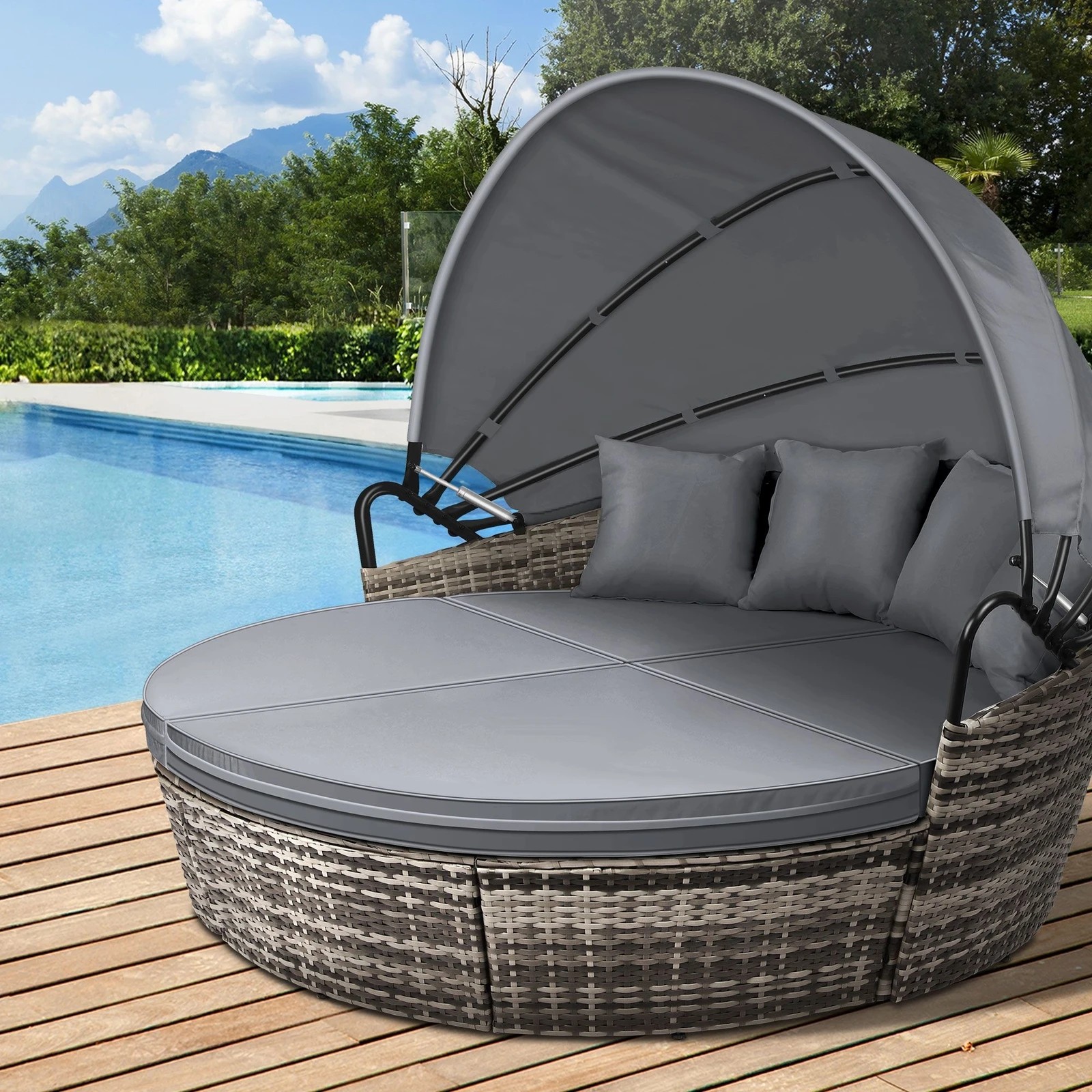 2 Alfordson Outdoor Sun Lounge Day Bed Wicker Furniture Sofa Bed Garden 3PCS - Grey, 2 of 10