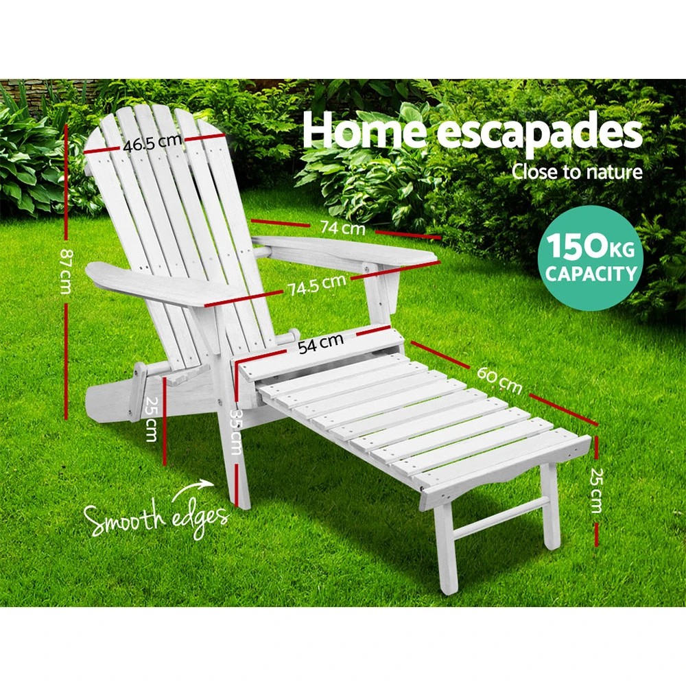 2 Gardeon Sun Lounge Outdoor Chairs Wooden Foldable Patio Furniture Adirondack - White, 2 of 6