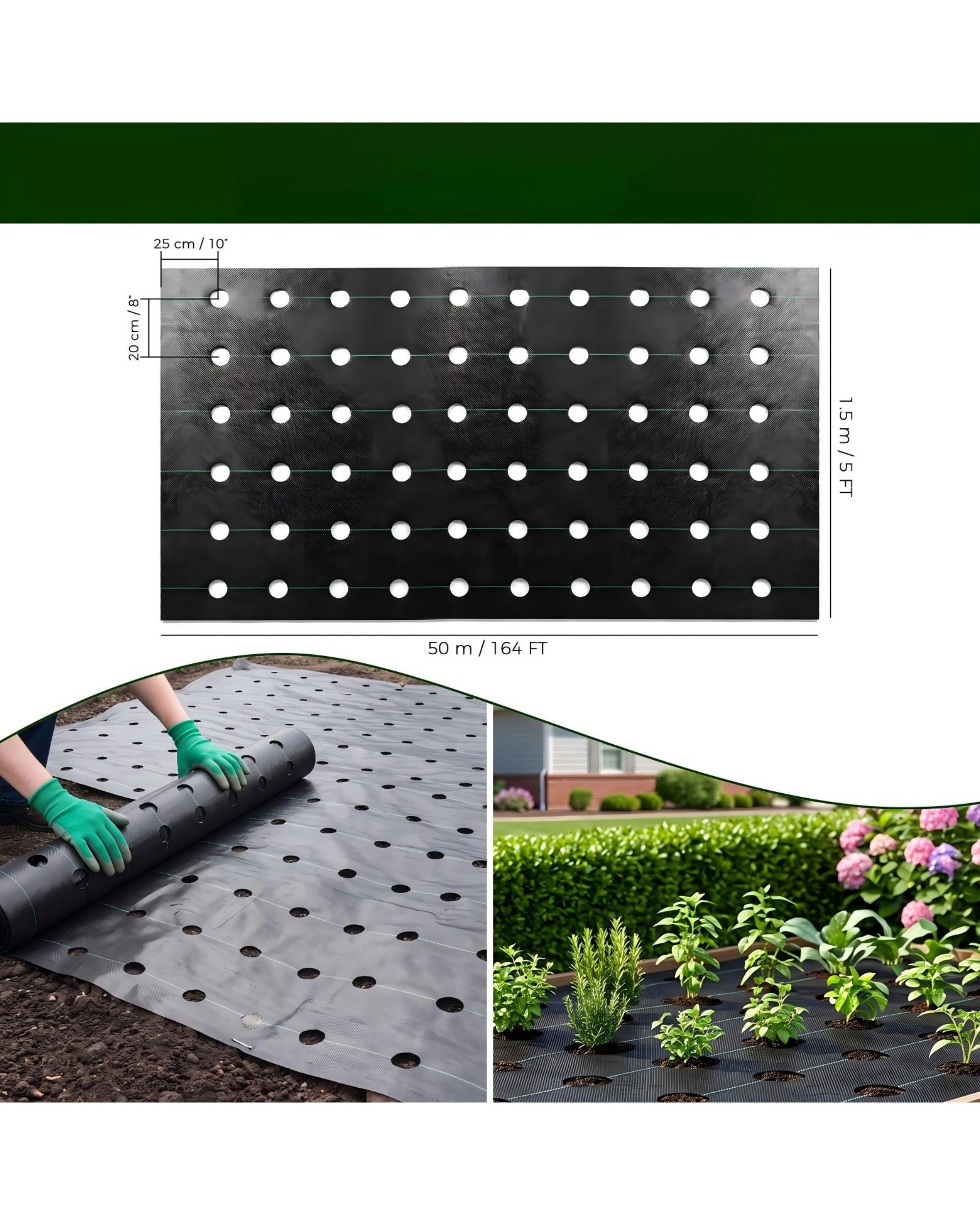 2 Advwin Weed Mat with Holes, 1.5x50m Weed Control Mat Barrier Matting Ground Cover Membrane with Nails - Black, 2 of 9