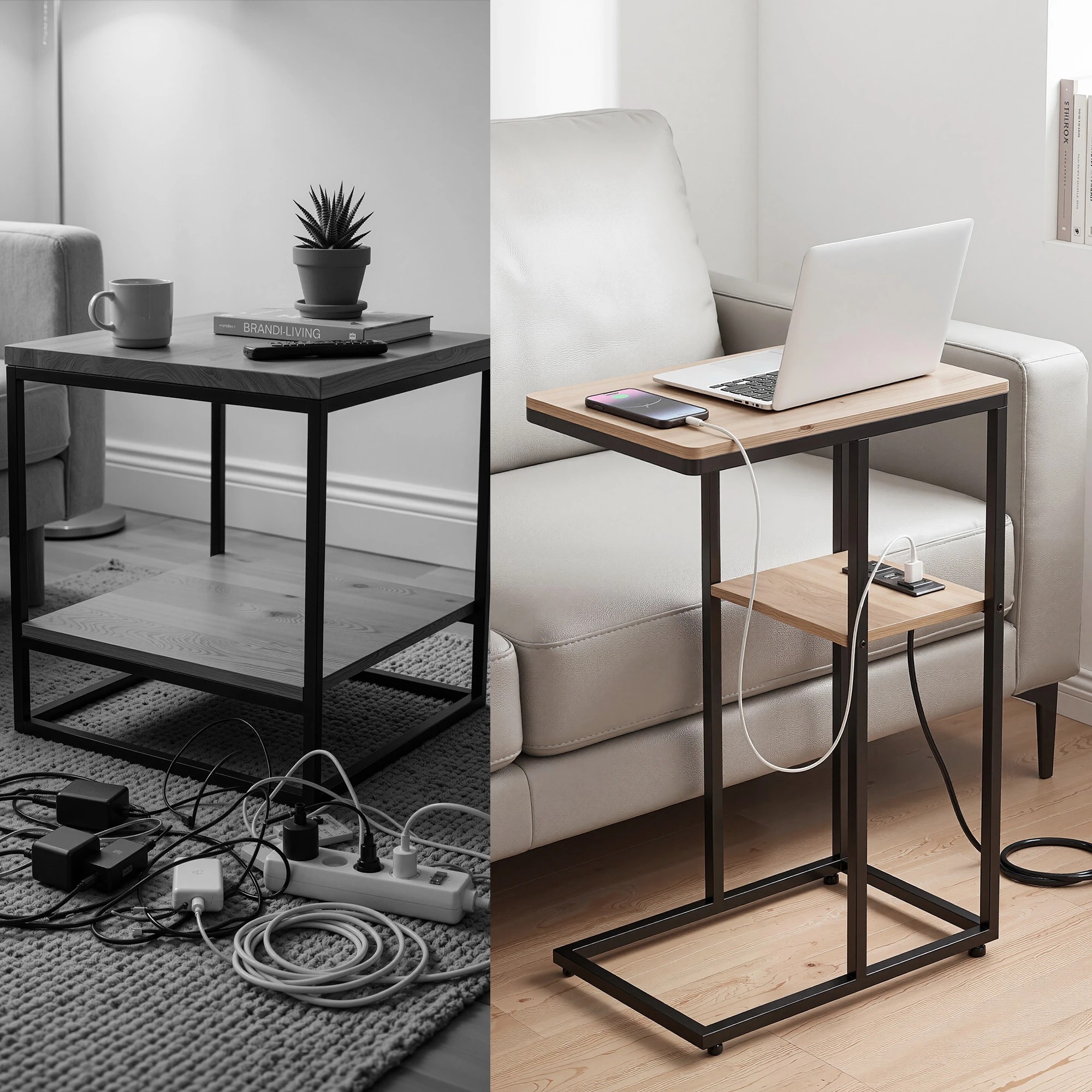 4 Artiss C-Shaped End Table Charging Station 2-Tier Smart Side Coffee Table Bedside Wood - Black, 4 of 8