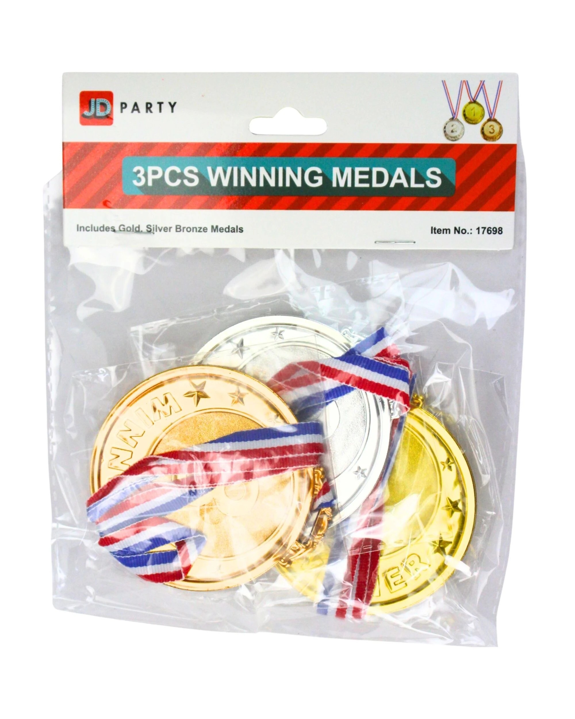 3 JD Party Gold Silver Bronze Large Plastic Medals Pack of 3 - Metallic, 3 of 4