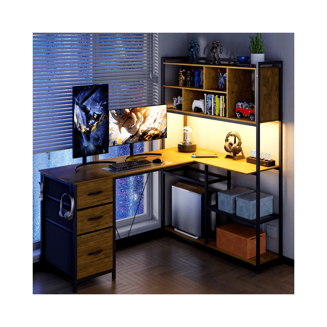 8 Advwin L Shaped Gaming Desk With Led Lights Reversible 148cm Computer Desk With 3 Drawers And Bookshelf Walnut, 8 of 9