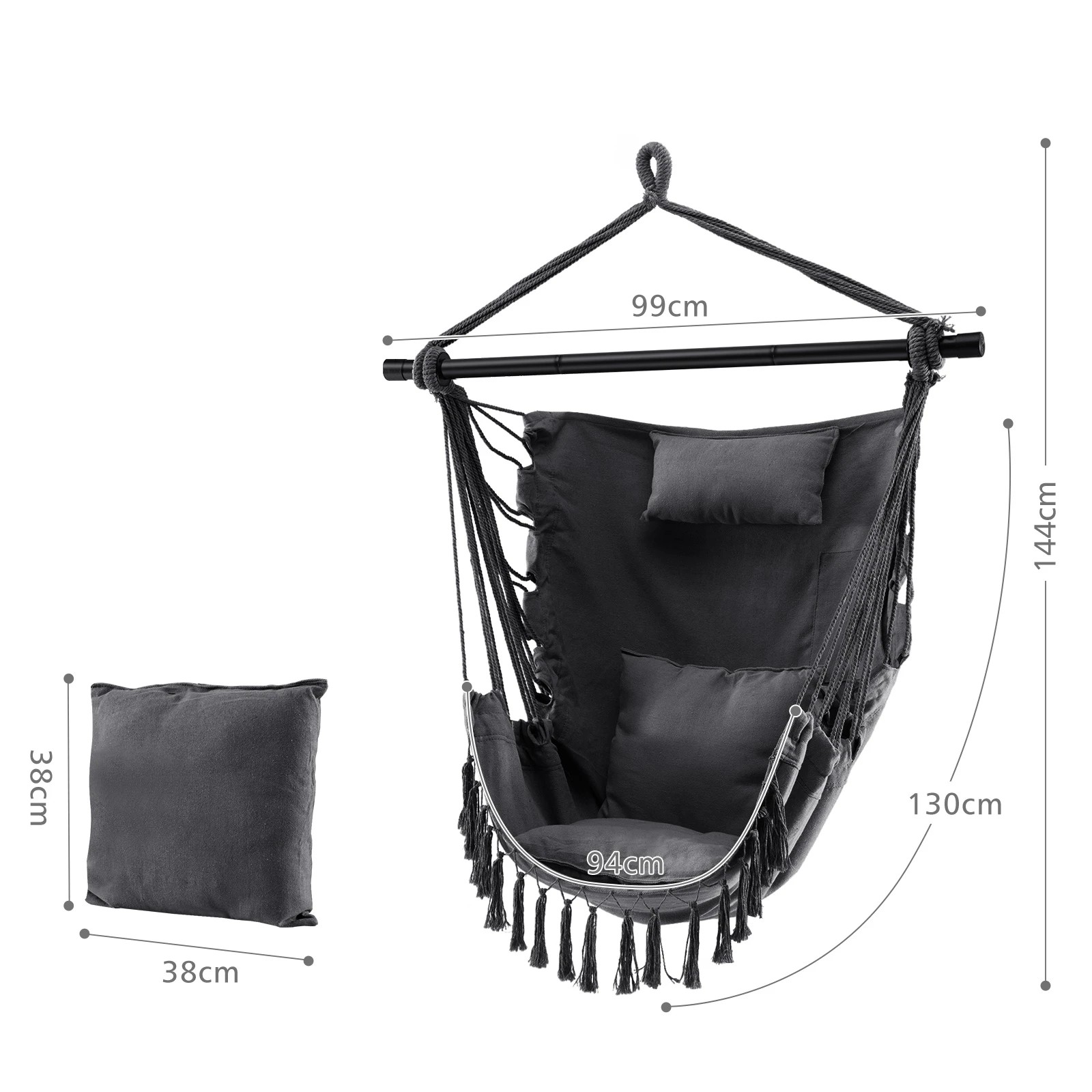 2 Costway Hanging Rope Swing w/Pillow & Cushions Macrame Hanging Chair - Grey, 2 of 2