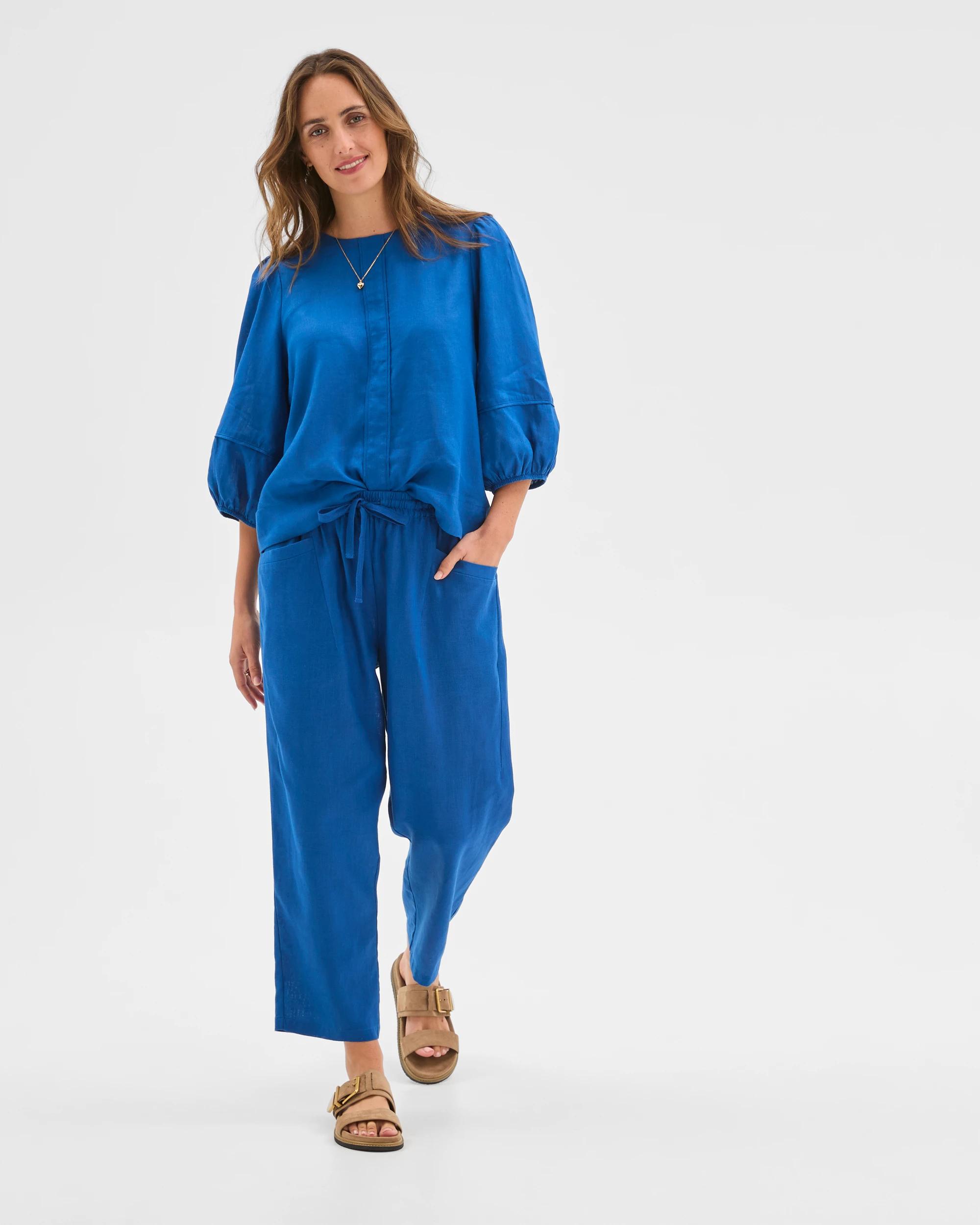 2 Target Woman European Linen 3/4 Sleeve Femme Popover Blouse DEEP OCEAN, 2 of 6