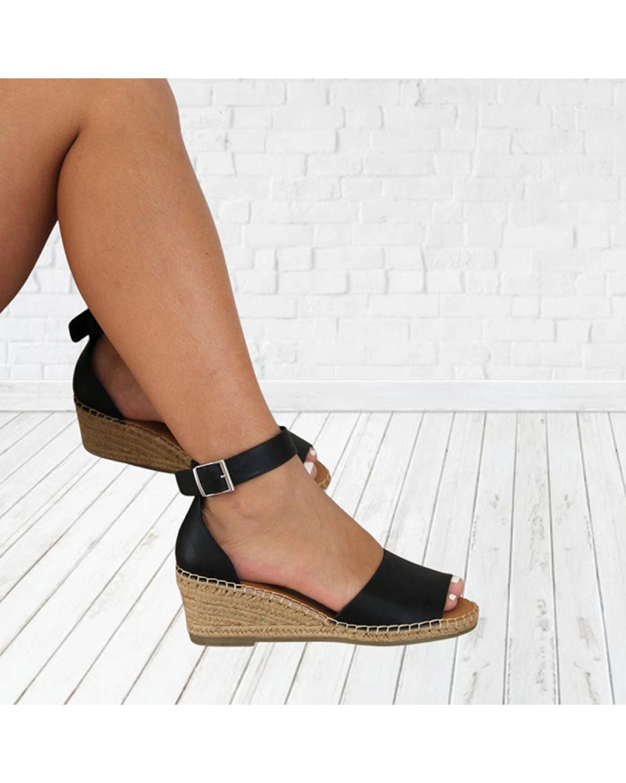 4 Human Shoes Helene Women's Leather Espadrille Wedge Sandal Tan BLACK, 4 of 4