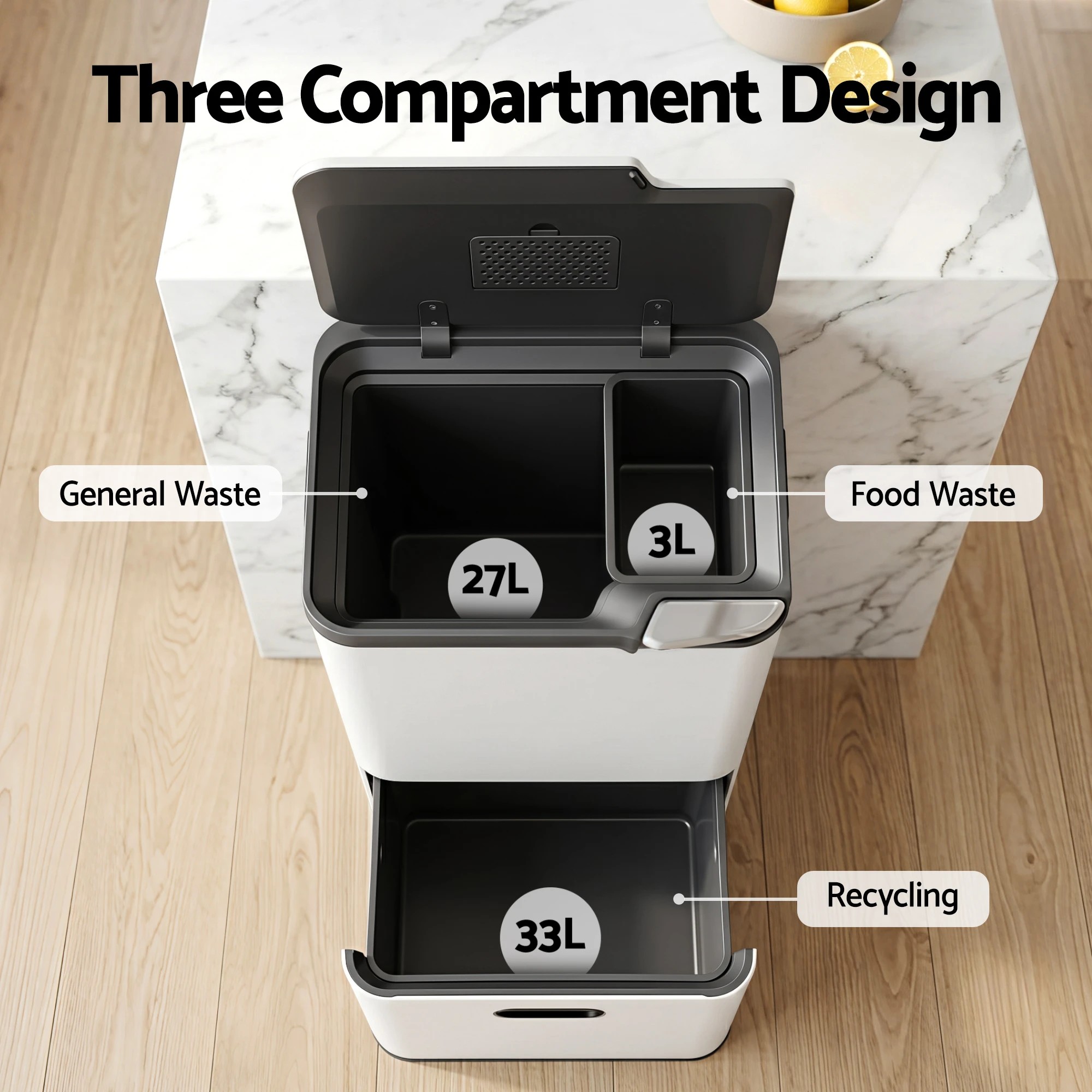 5 Cefito 63L Rubbish Bin 3 Compartment Carbon Steel Split Door Trash Can - White, 5 of 8