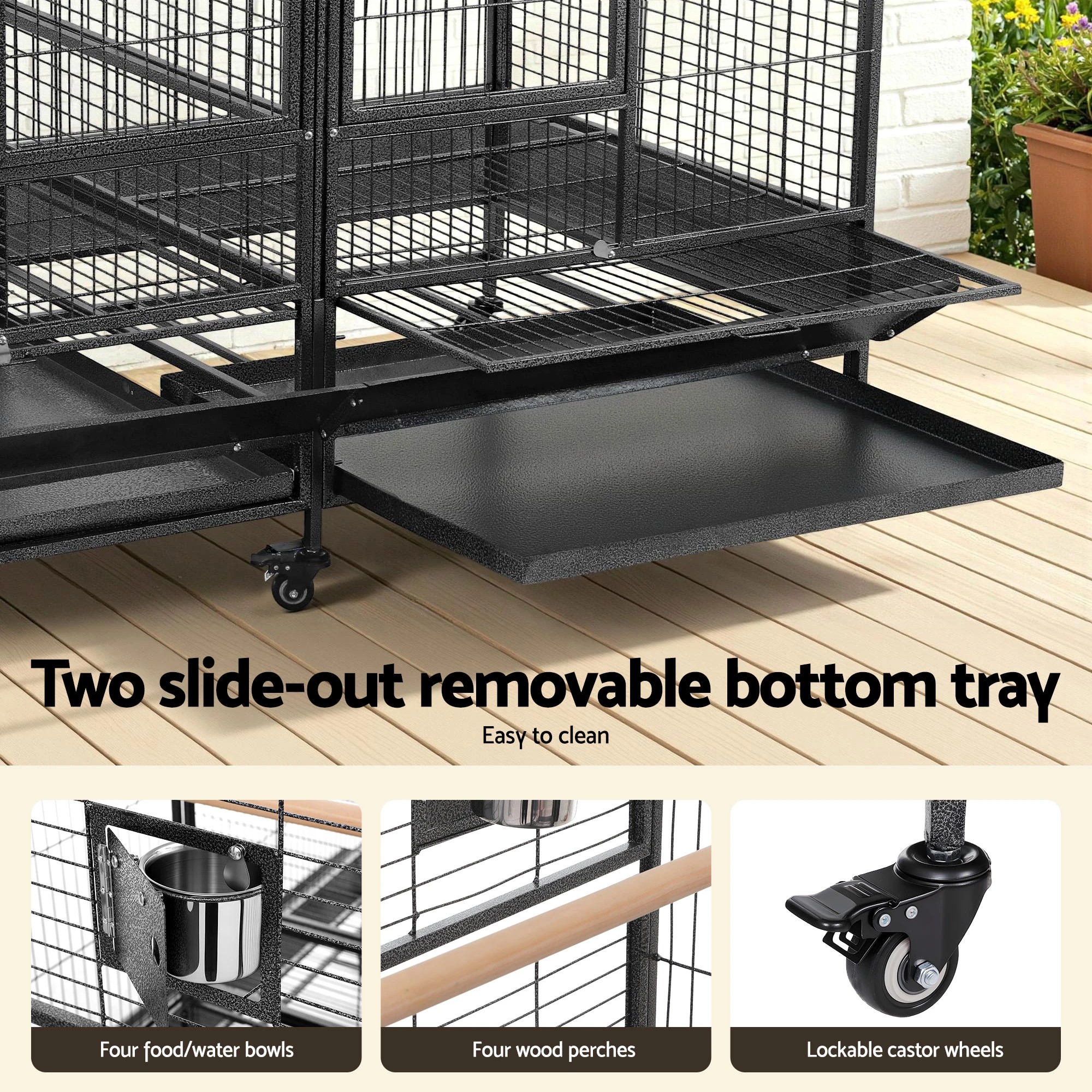 6 i.Pet Bird Cage Extra Large Aviary 185cm Pet Parrot Cage Castor Wheel Removable Divider - Black, 6 of 6