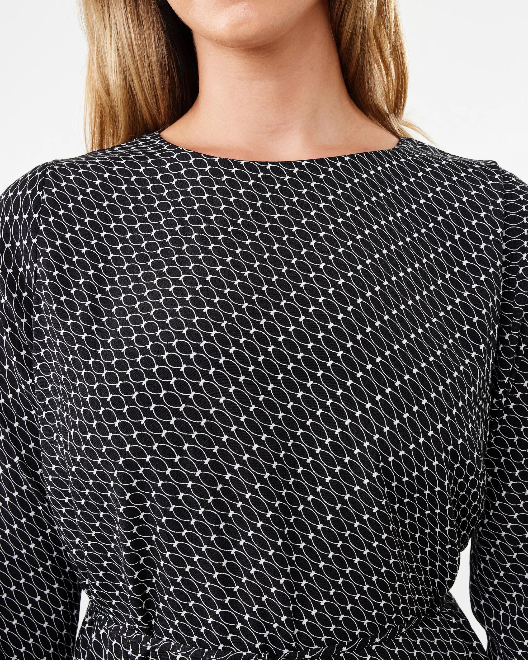 5 Long Sleeve Crepe Tie Waist Midi Dress Black Geo, 5 of 6