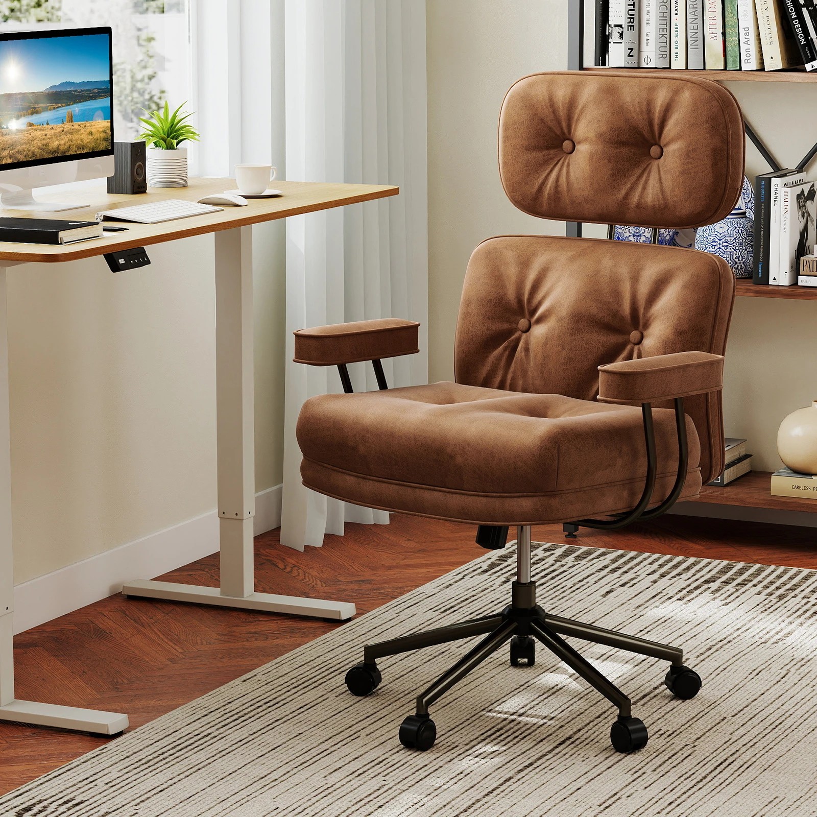 2 Costway Ergonomic Home Office Chair Computer Desk Chair Adjustable Swivel Armchair - Brown, 2 of 4