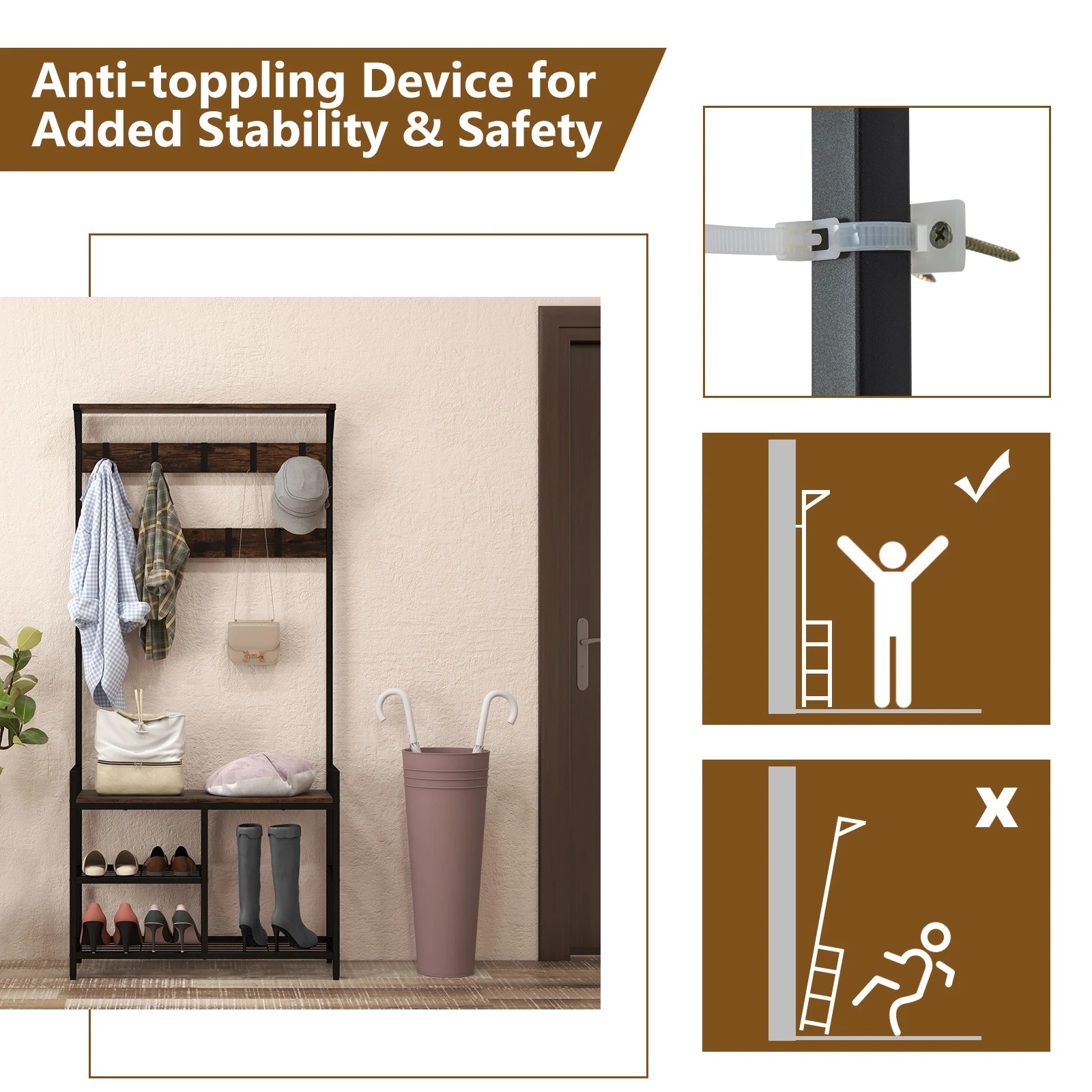 9 Costway 3-in-1 Coat Rack Clothes Stand Storage Rack Garment w/Shoe Bench, 9 of 10