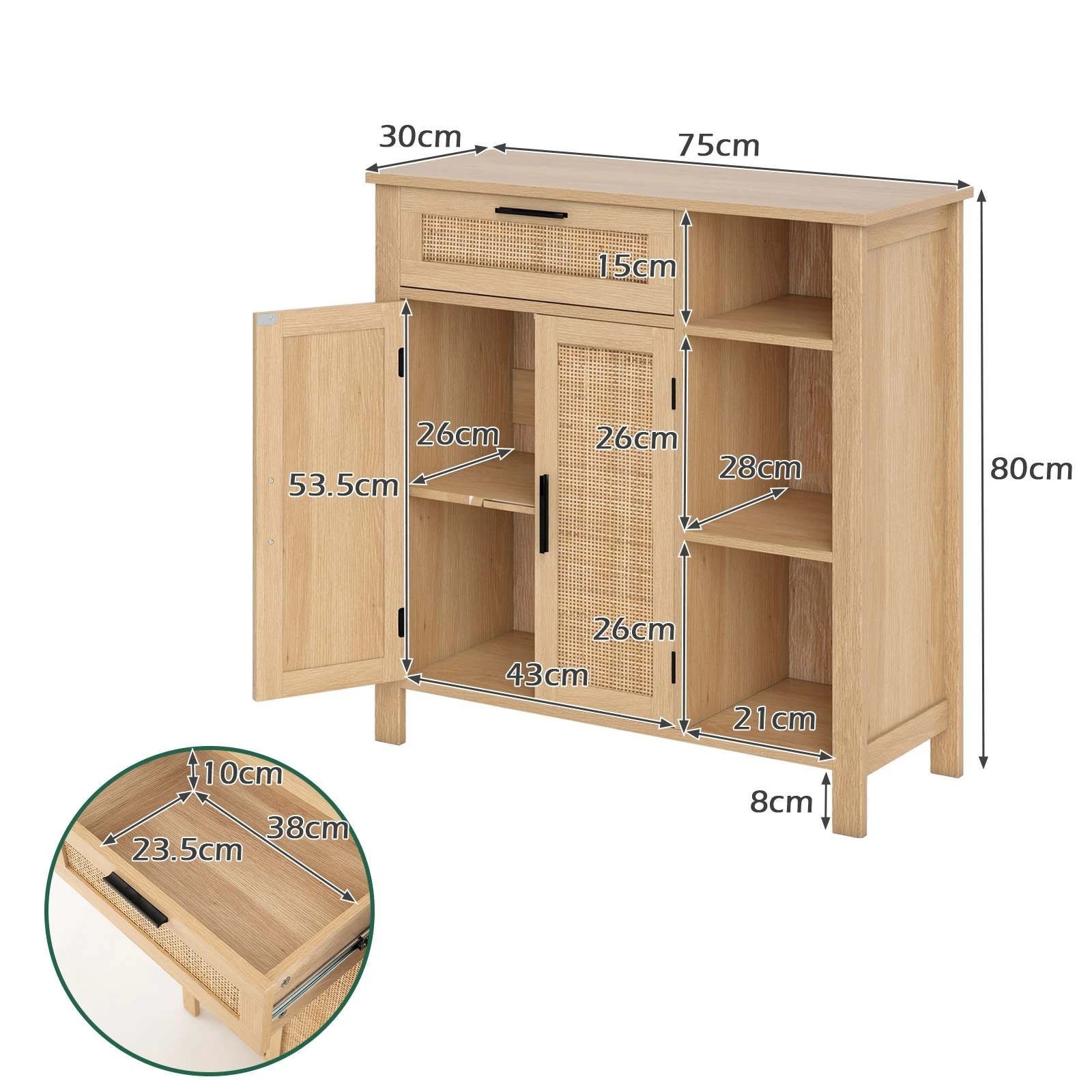 1 Costway Buffet Sideboard Hallway Storage Cabinet w/Rattan Doors - Natural, 1 of 3