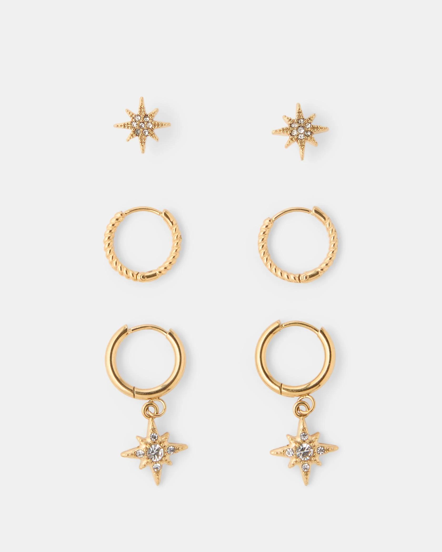 1 3 Pack Waterproof Stainless Steel Star Earrings - Gold Tone Gold, 1 of 3