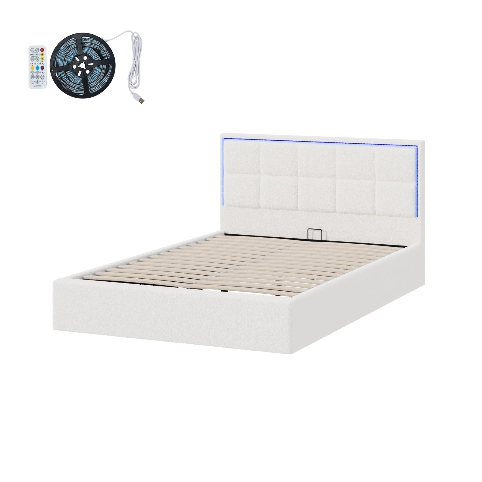 7 Oikiture Bed Frame Double Size RGB LED Gas Lift Storage Base Boucle - White, 7 of 9