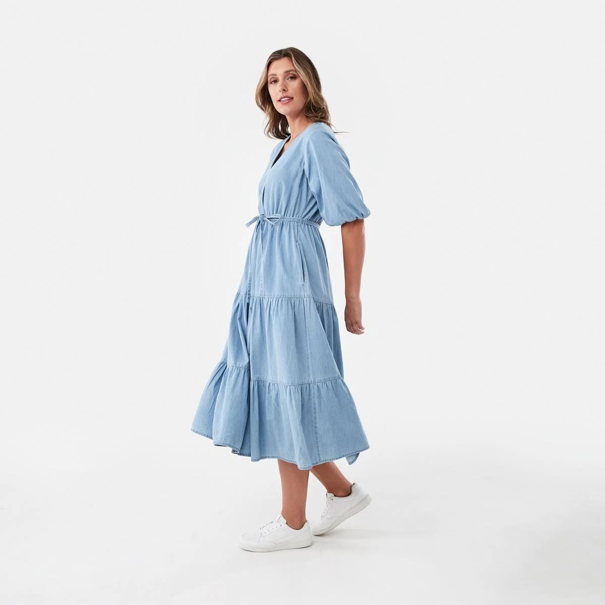 2 Short Sleeve Wrap Chambray Midi Dress Light Wash, 2 of 7