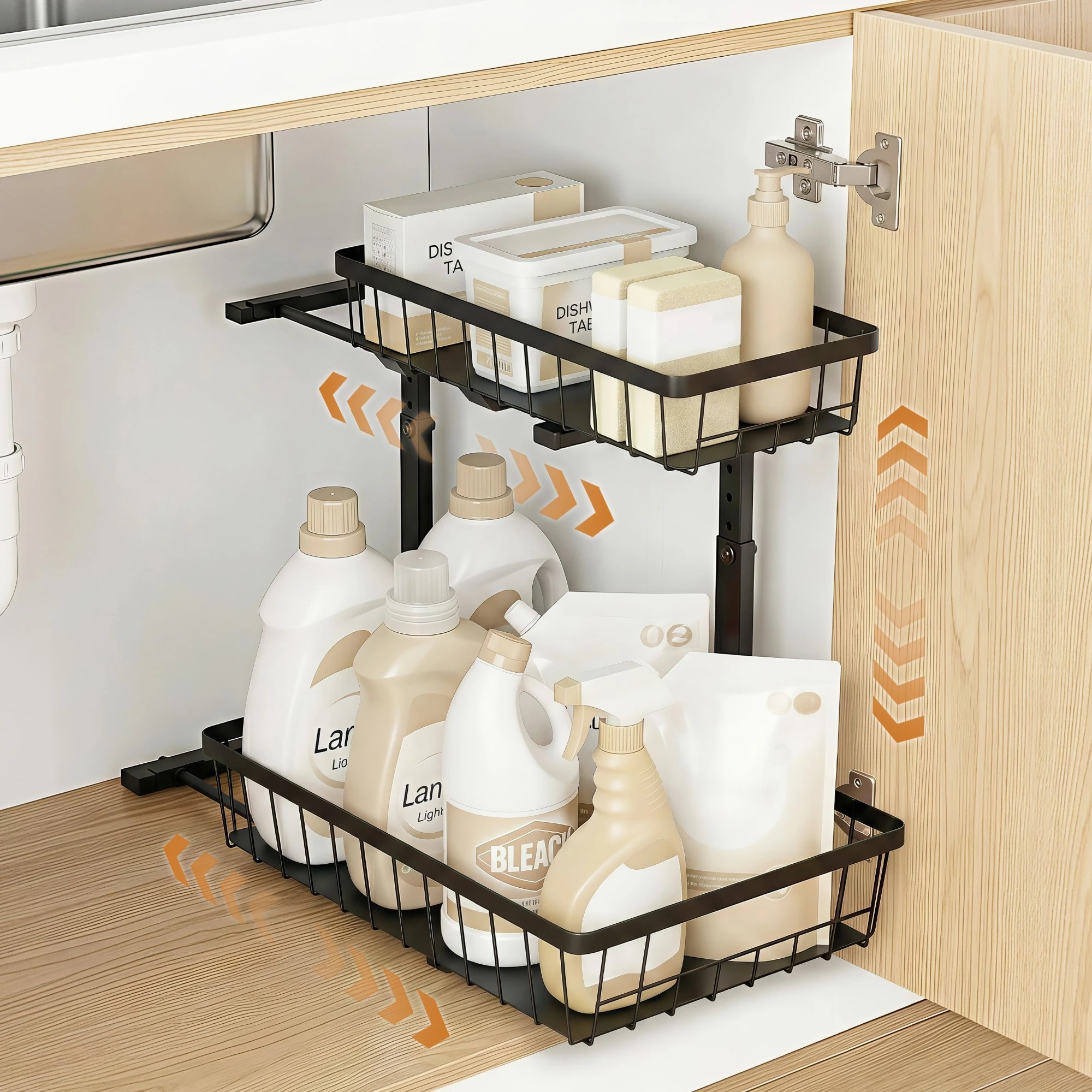 4 Artiss Under Sink Organizer Storage with 2 Slide Out Drawers 5 Adjustable Height Bathroom Kitchen - Black, 4 of 4
