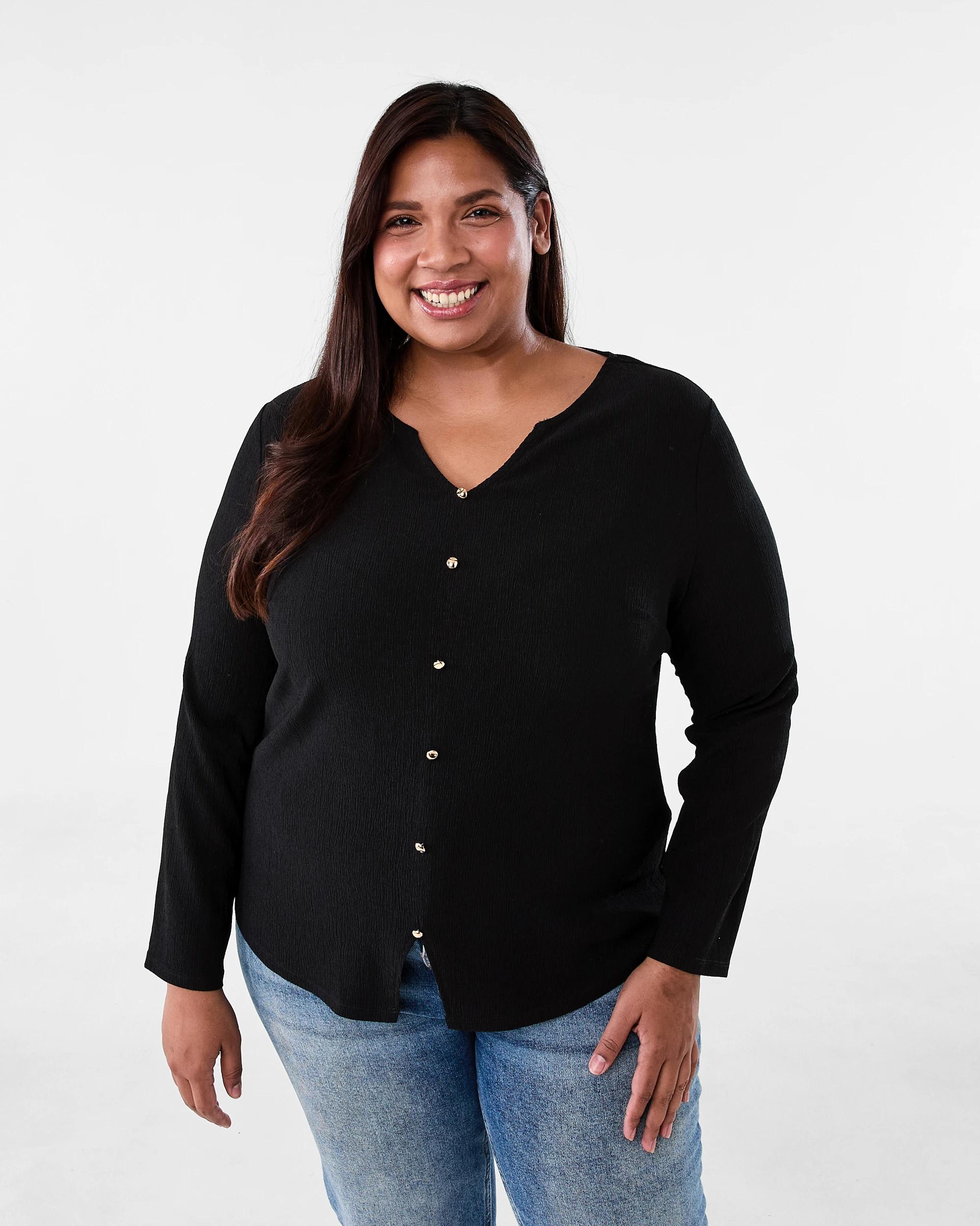 1 Curve Long Sleeve Textured Button Top Black, 1 of 6