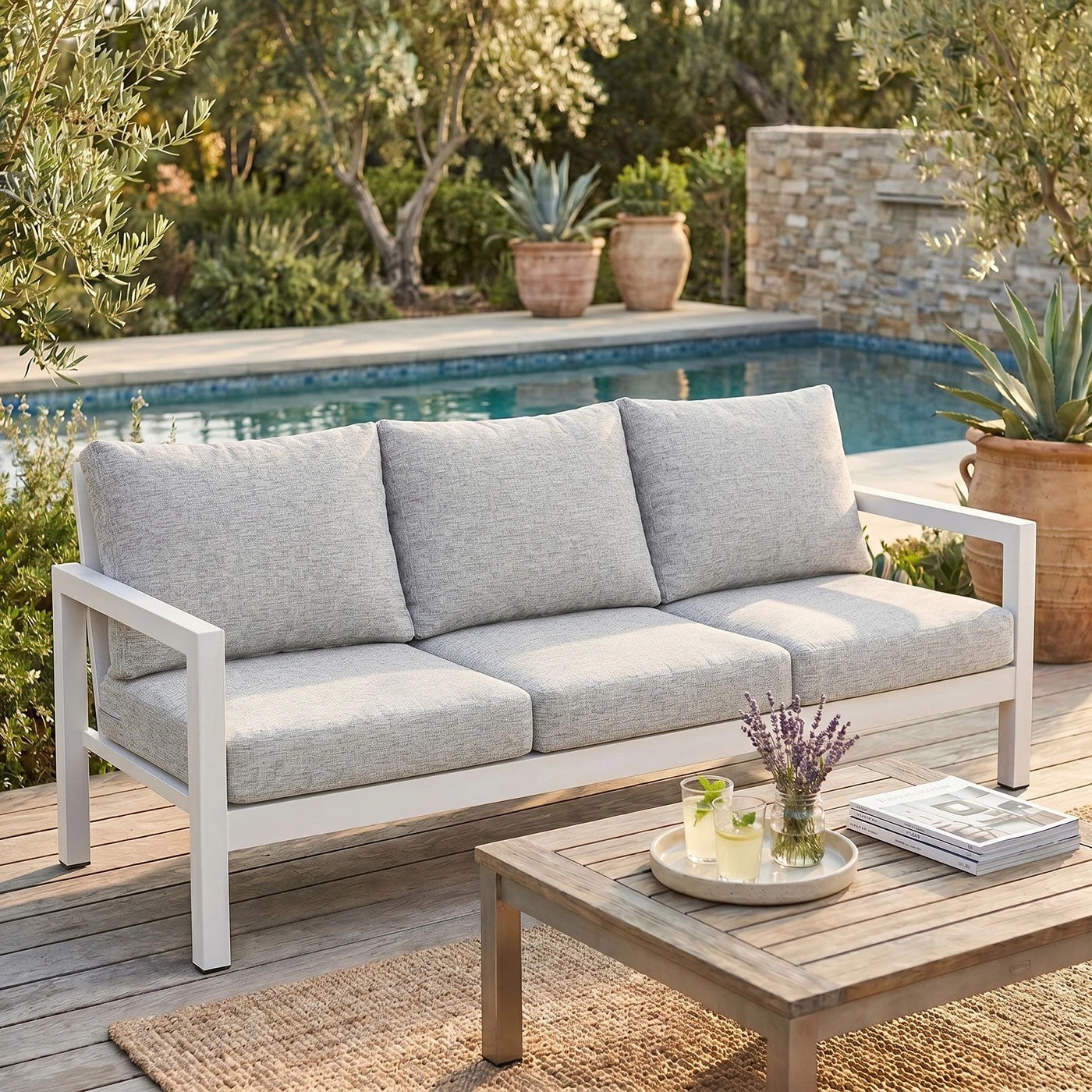 2 Moda Living Manly 3 Seater White Aluminium Outdoor Sofa Lounge - Light Textured Grey Cushions - White, 2 of 10