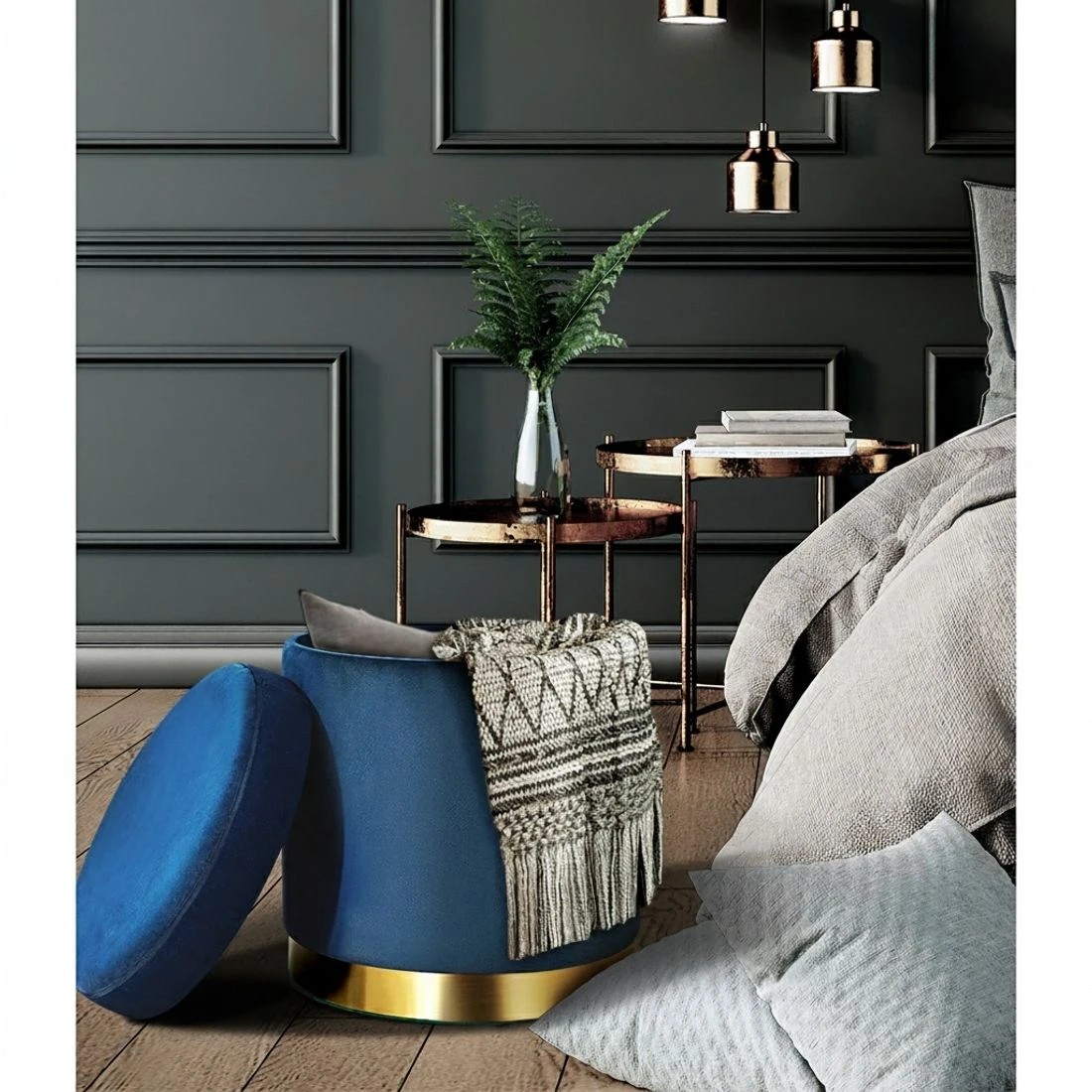 3 Artiss Ottoman Storage Foot Stool Round Velvet - Blue, 3 of 6