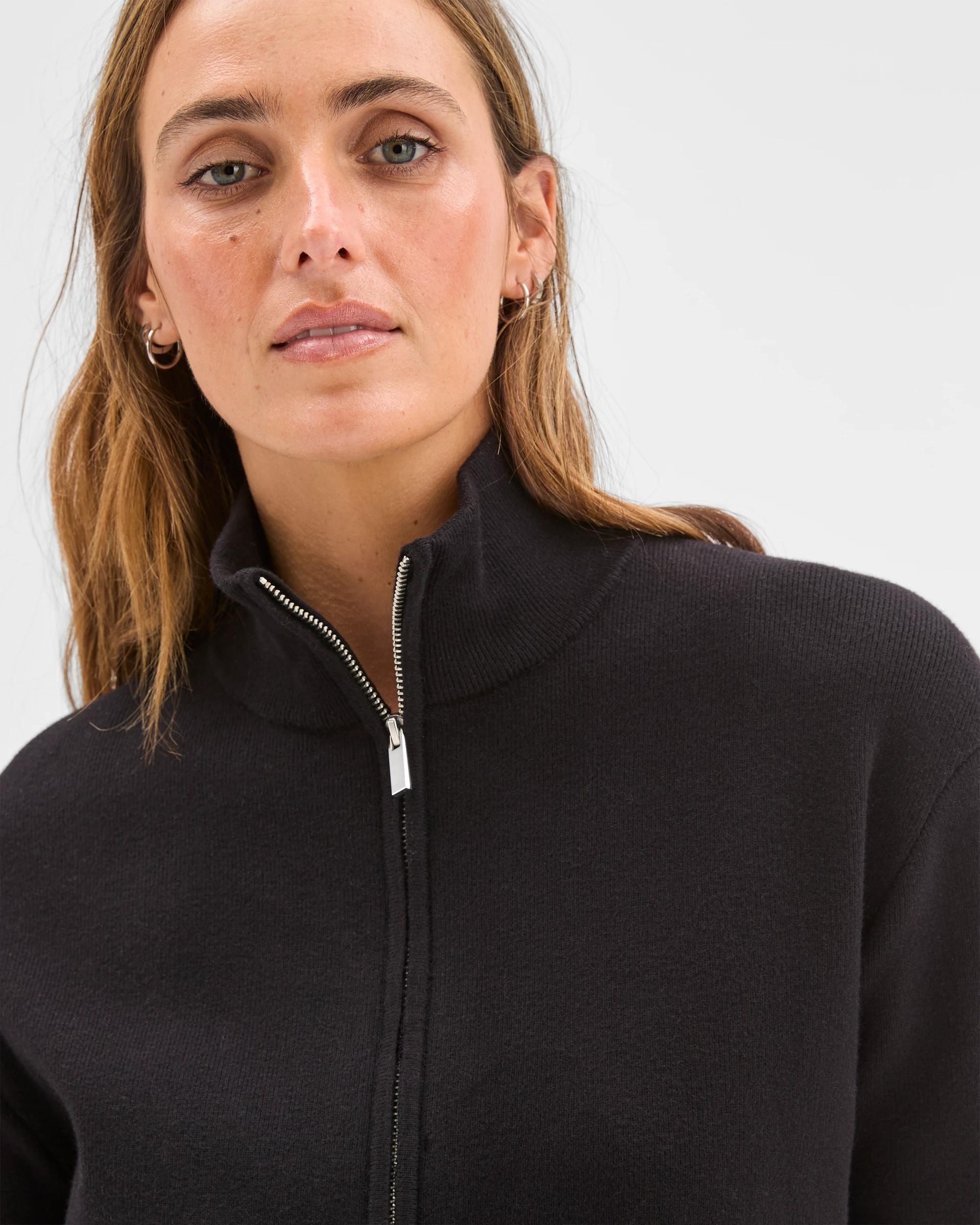 5 Preview Australian Cotton Blend Polished Knit Bomber Cardigan BLACK, 5 of 6