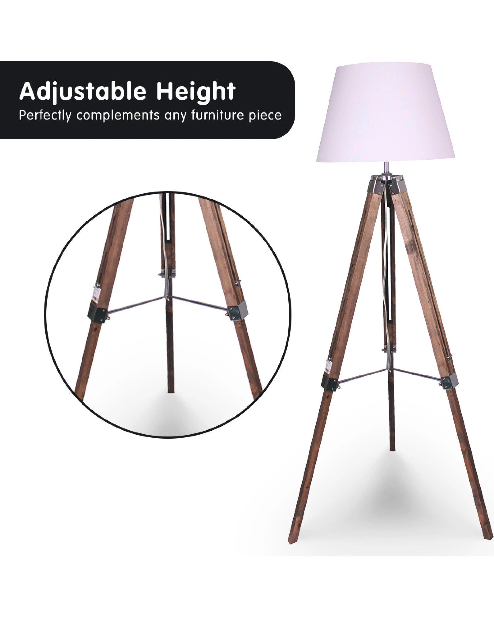 3 Sarantino Solid Wood Tripod Floor Lamp Adjustable Height White Shade, 3 of 4