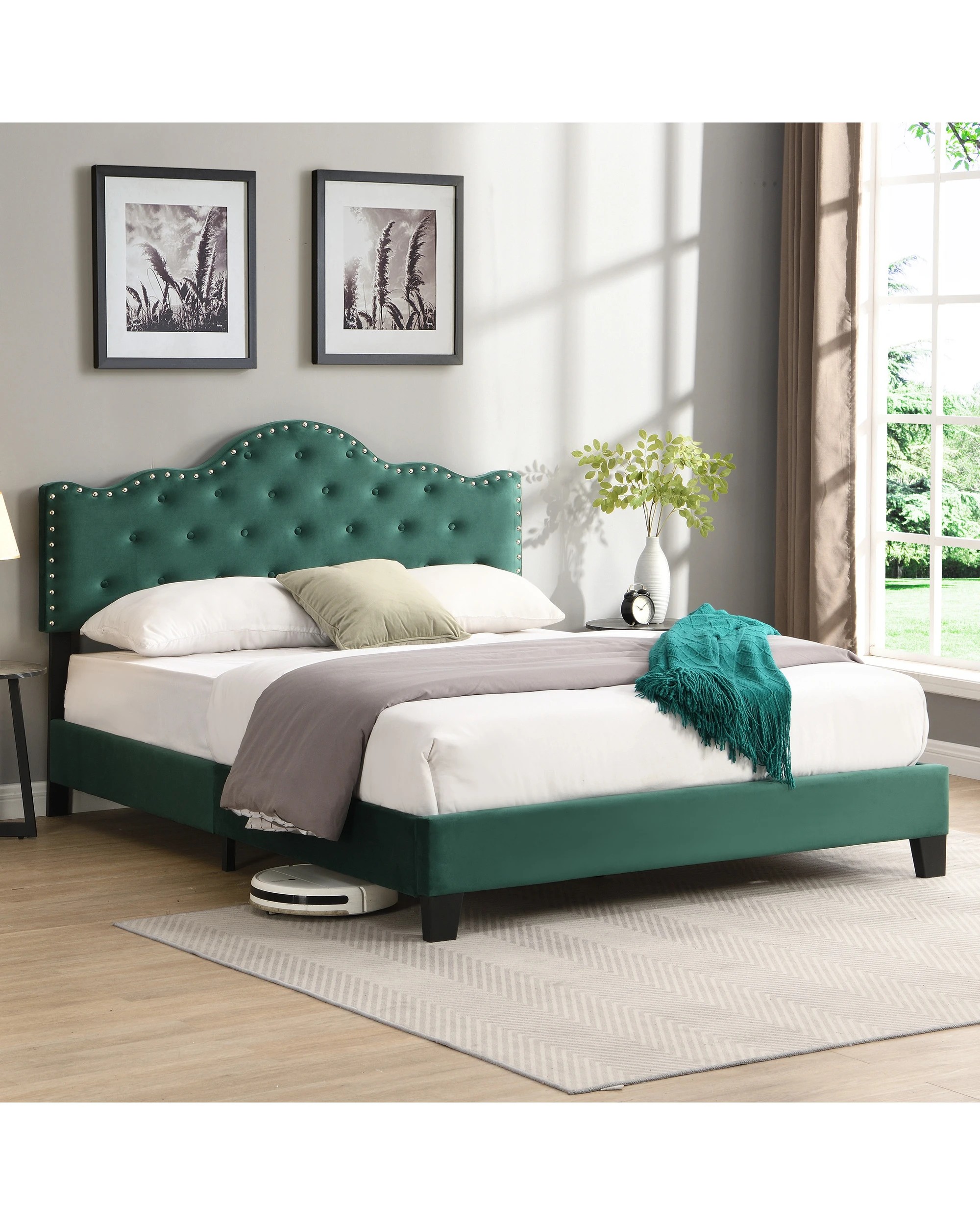 2 IHOMDEC BEF05 Velvet Double Bed Frame - Green - Green, 2 of 10