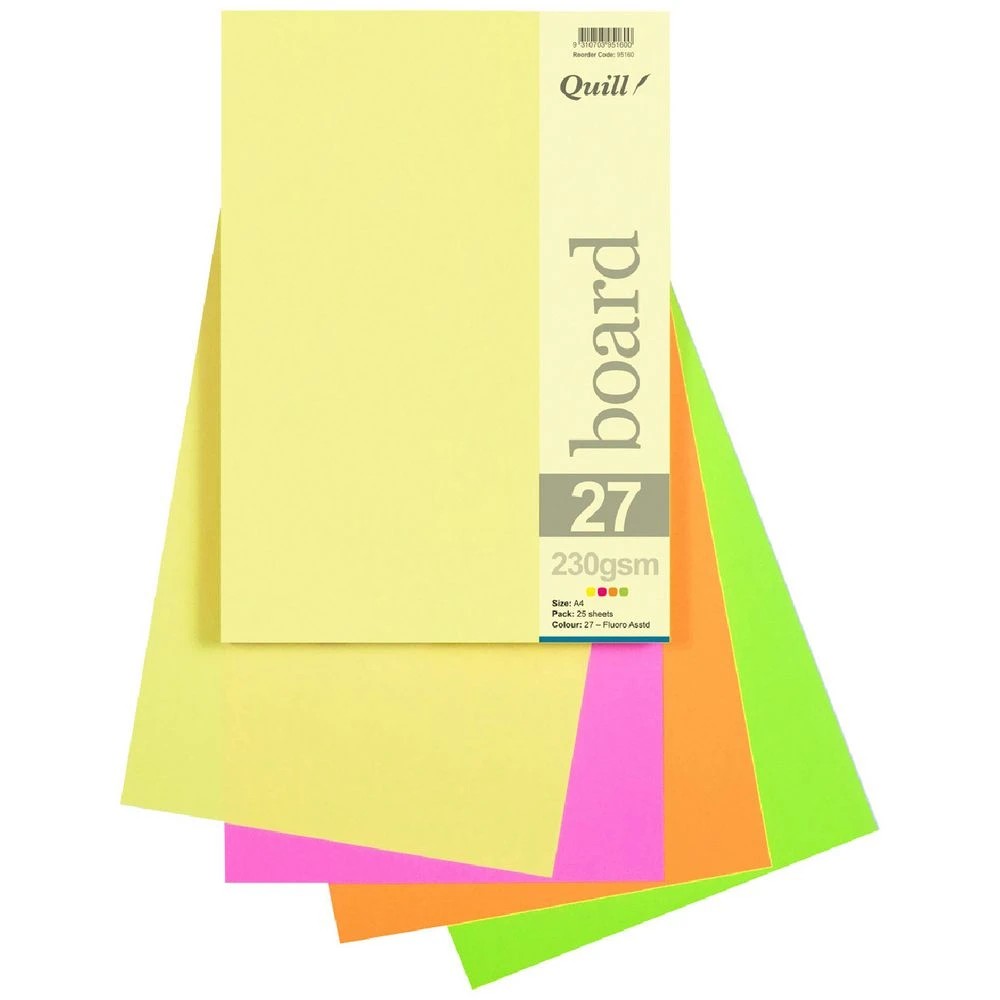 1 Quill A4 230gsm Board Fluoro Assorted 25 Pack, 1 of 2
