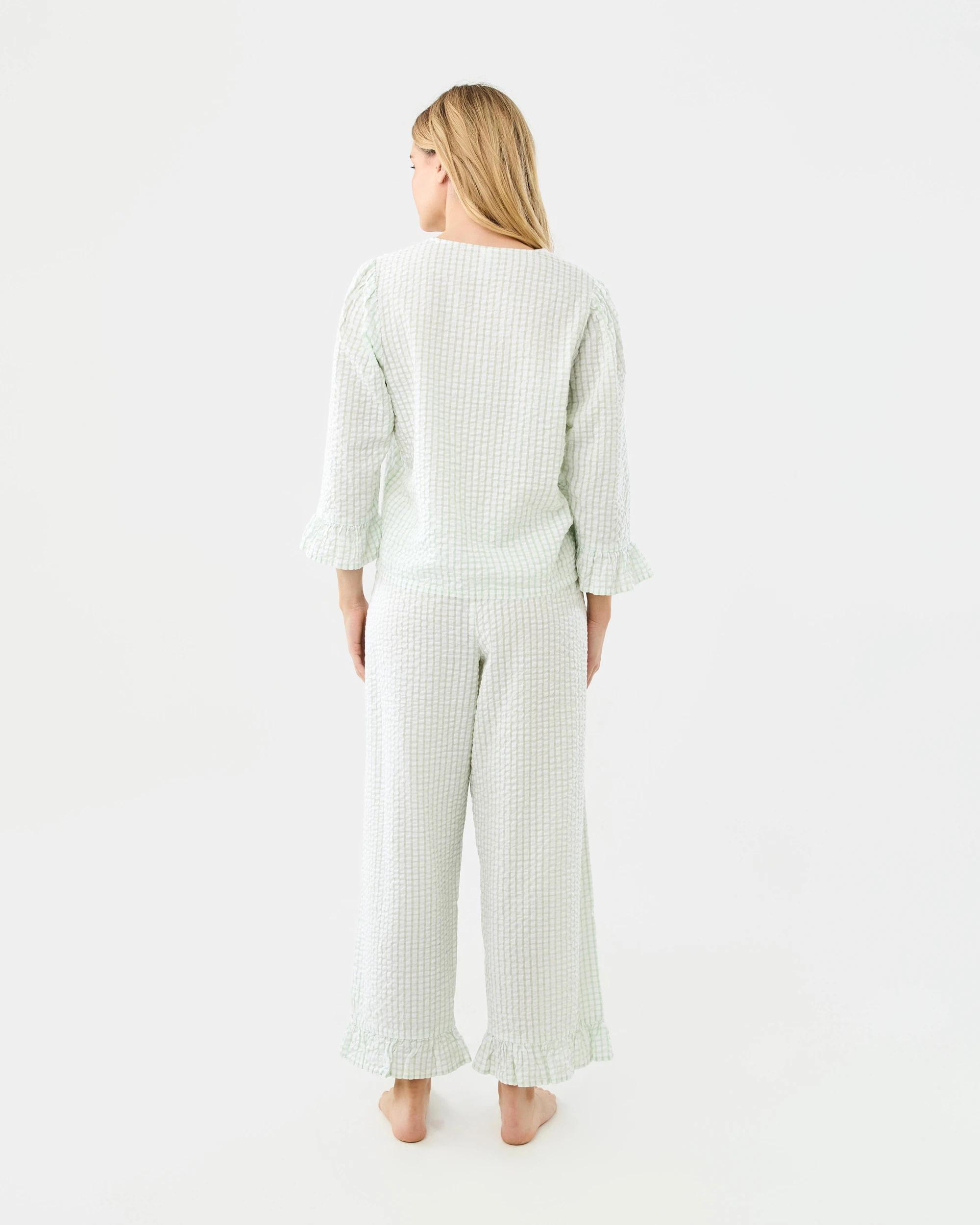 3 Yarn Dyed Cotton Seersucker Woven Frill Pyjama Set Gingham, 3 of 9
