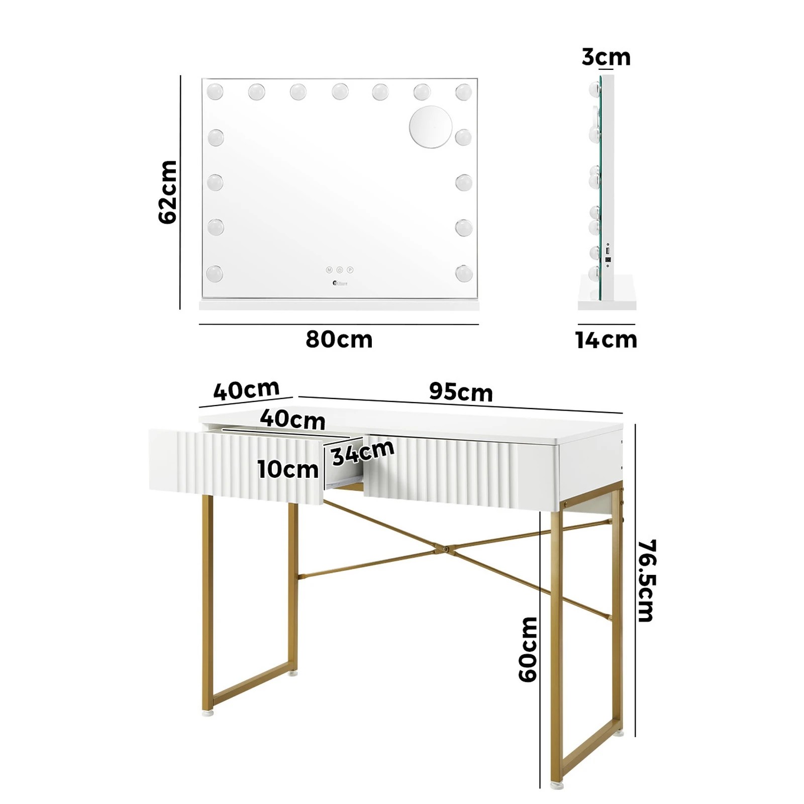 2 Oikiture Dressing Table LED Makeup Mirror 2 Drawers Vanity Desk - White, 2 of 9