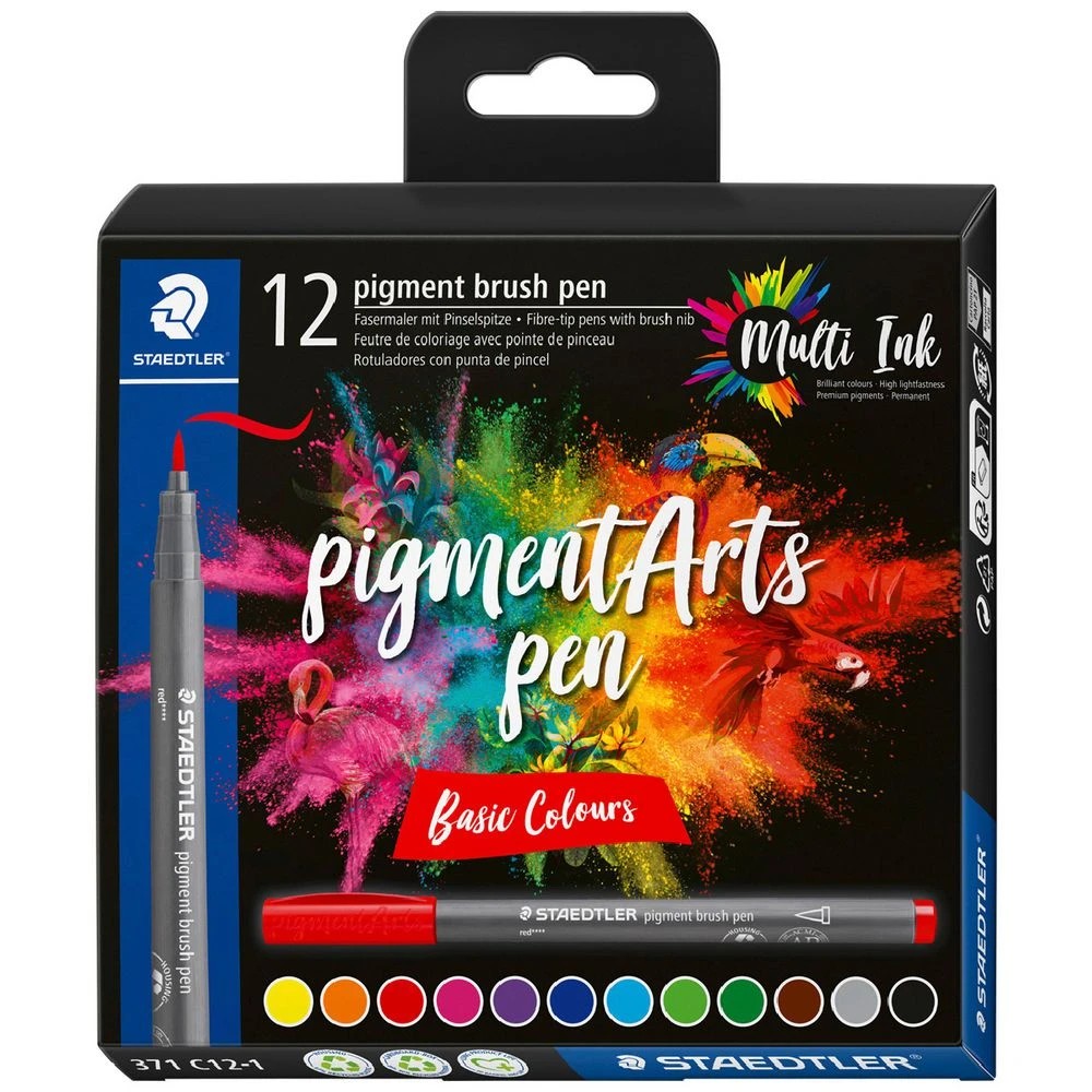 1 Staedtler Pigment Arts Brush Pens Basic Colours 12 Pack, 1 of 2