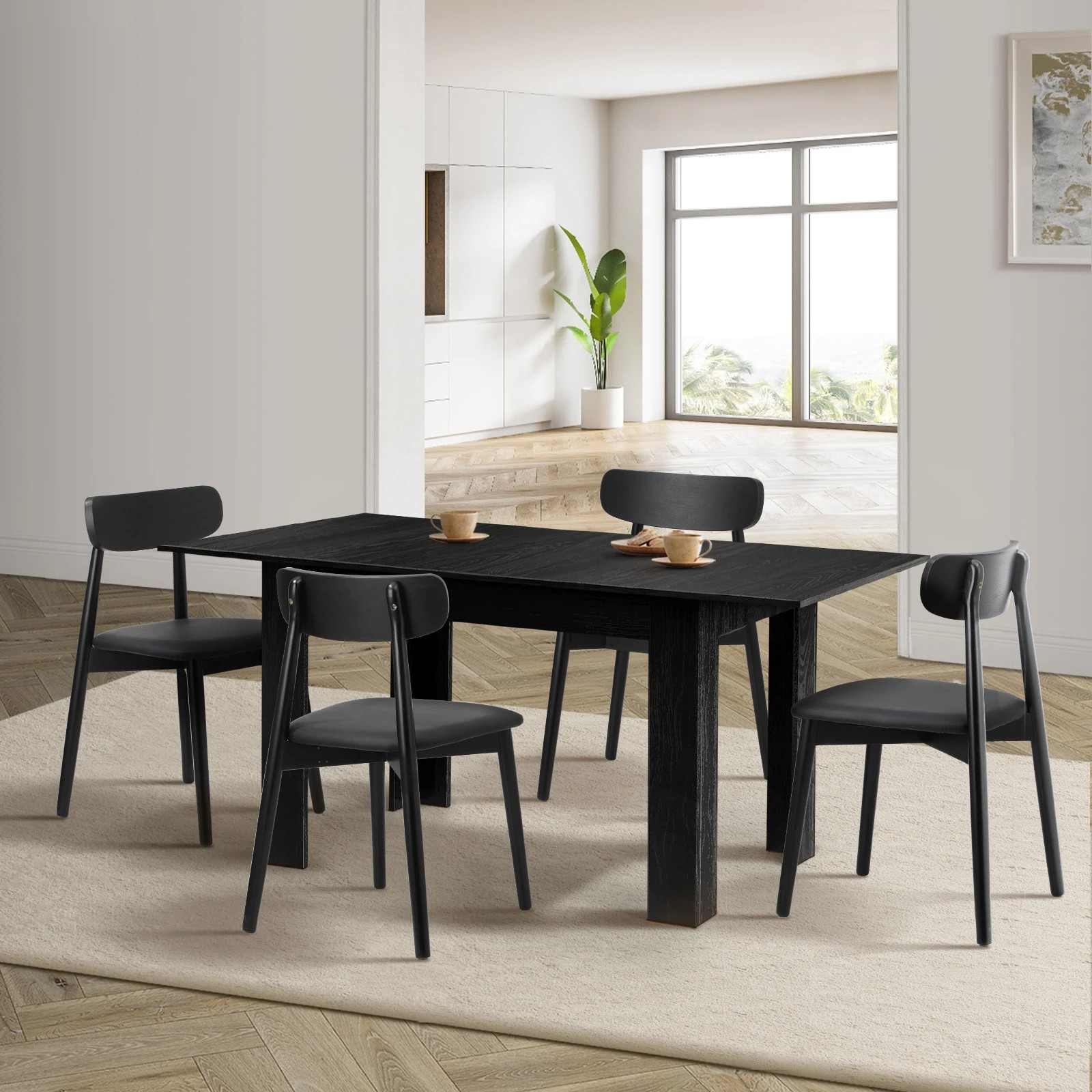 3 Oikiture 160cm Extendable Dining Table with 4x Dining Chairs PU Leather - Black, 3 of 9