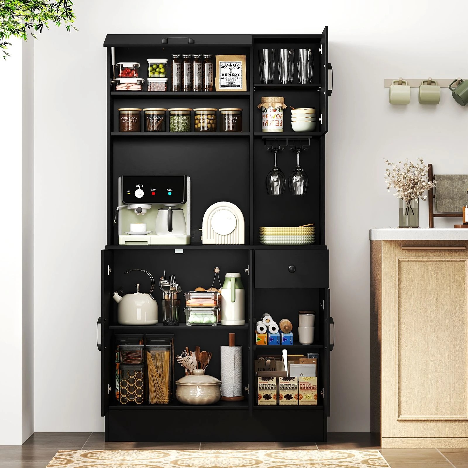 3 Costway 167cm Pantry Cupboard Buffet Sideboard w/Power Outlet - Black, 3 of 4
